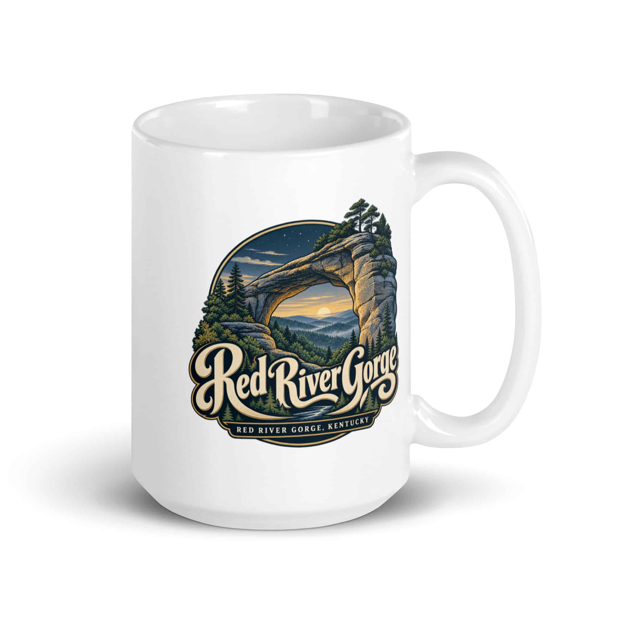 Red River Gorge White Ceramic Coffee Mug: Red River Gorge Destination Seal, Woodland Scenic Lettering