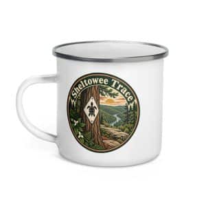 Sheltowee Trace Enamel Camp Mug: Sheltowee Trace, Vintage Round Badge - 12 oz - Left