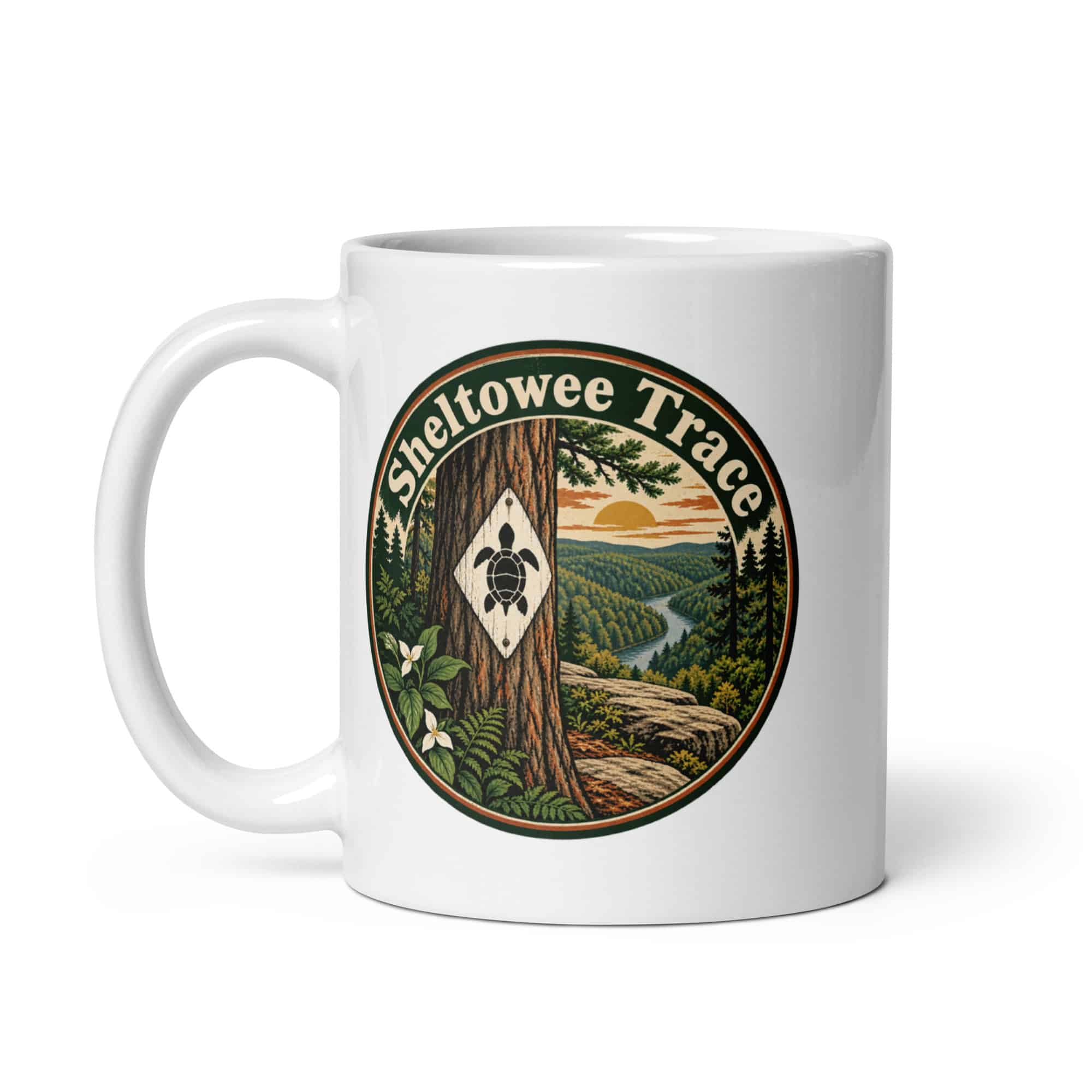 Sheltowee Trace White Ceramic Coffee Mug: Sheltowee Trace, Vintage Round Badge
