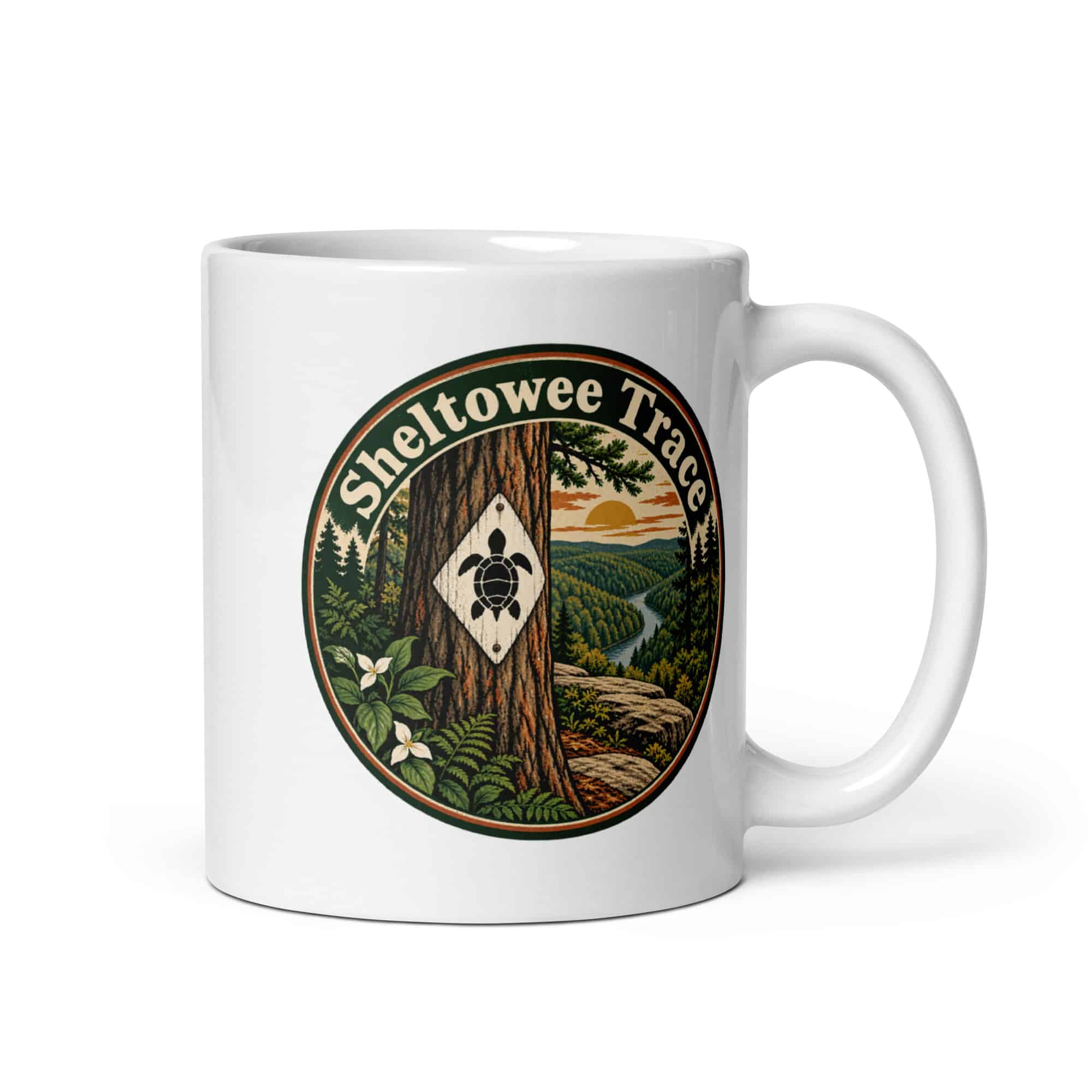 Sheltowee Trace White Ceramic Coffee Mug: Sheltowee Trace, Vintage Round Badge