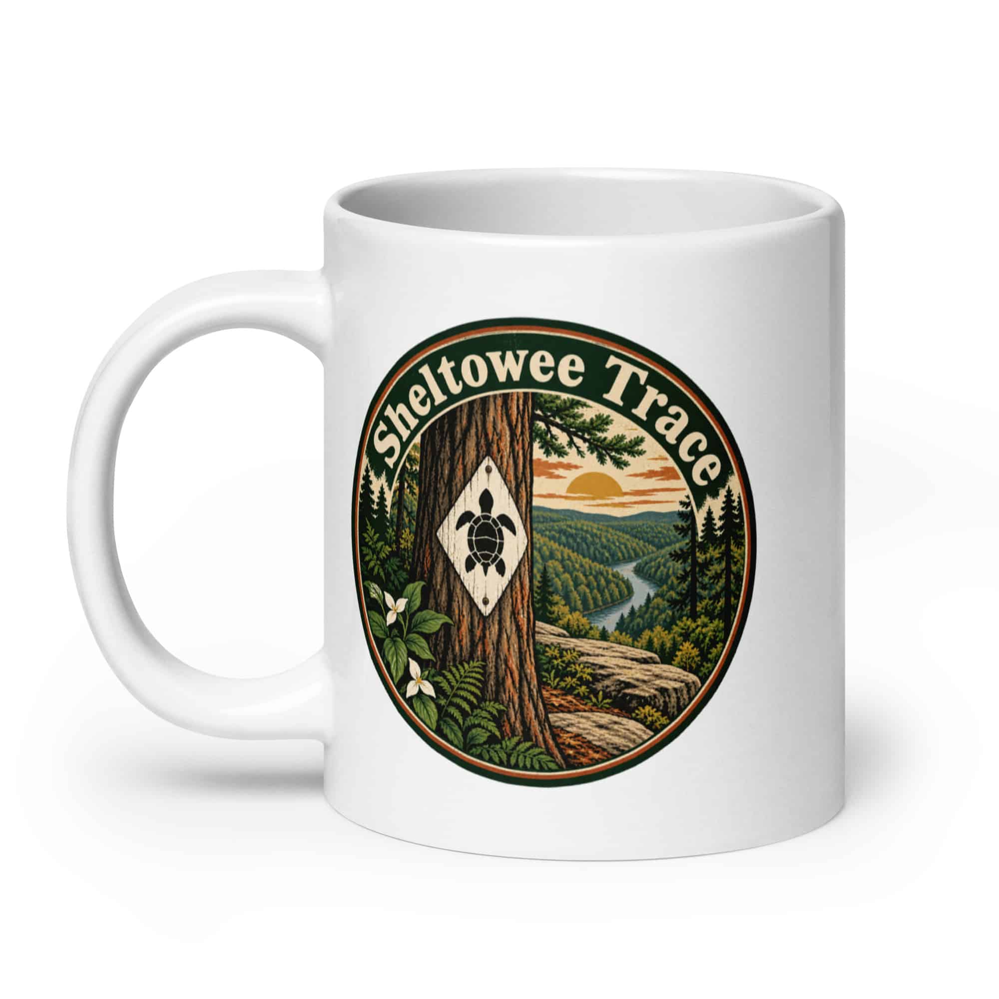 Sheltowee Trace White Ceramic Coffee Mug: Sheltowee Trace, Vintage Round Badge