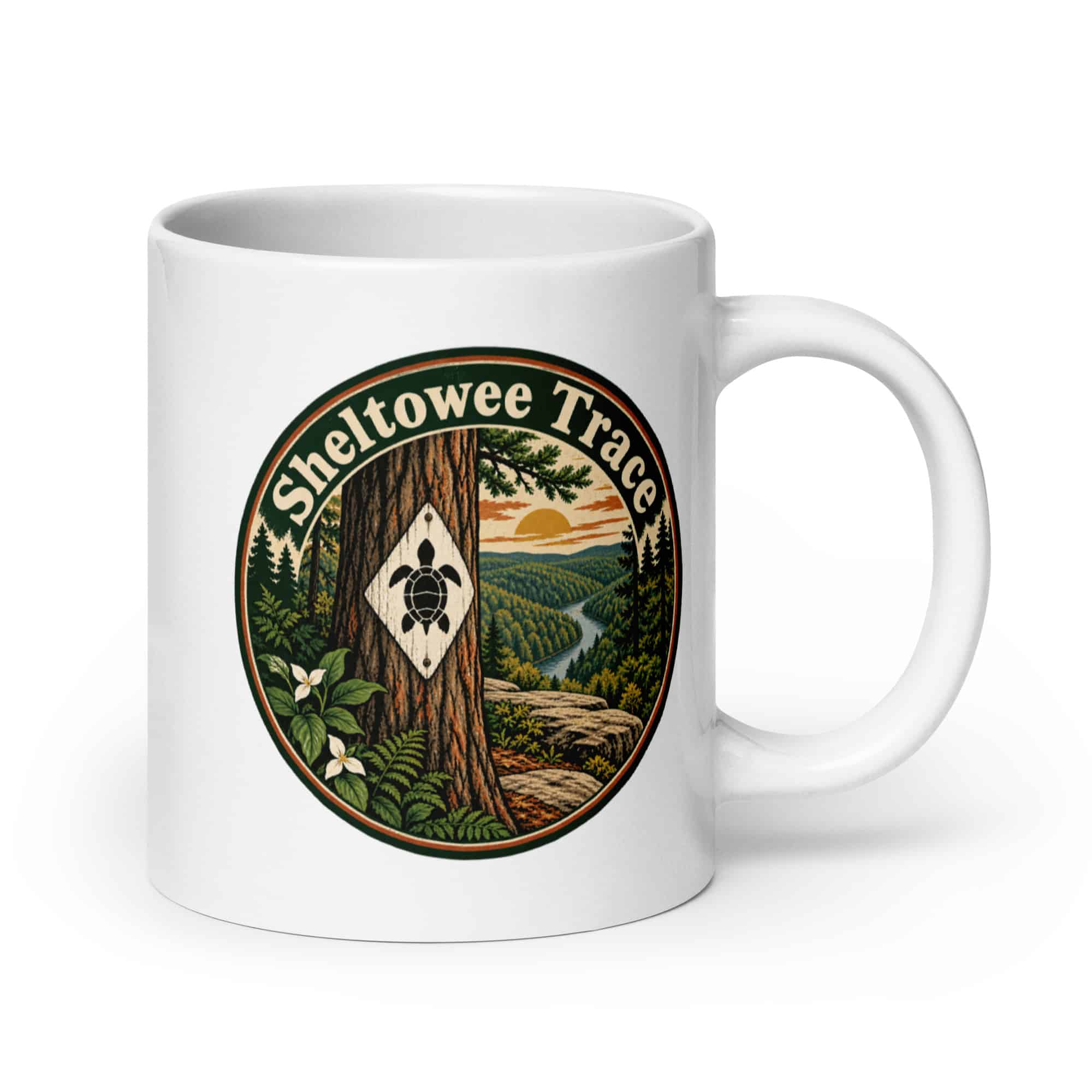 Sheltowee Trace White Ceramic Coffee Mug: Sheltowee Trace, Vintage Round Badge