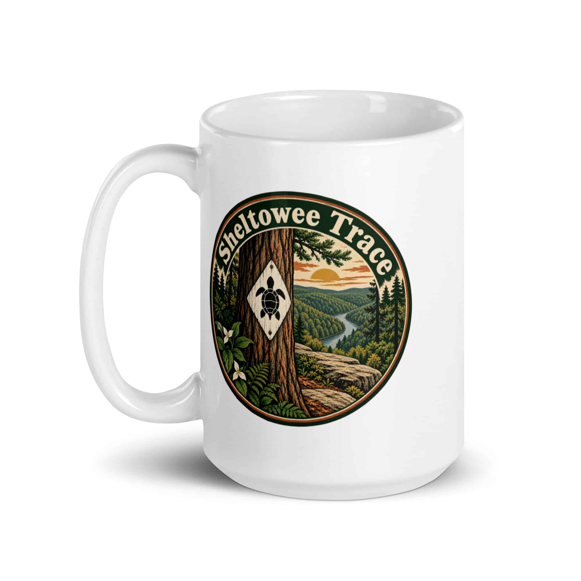 Sheltowee Trace White Ceramic Coffee Mug: Sheltowee Trace, Vintage Round Badge