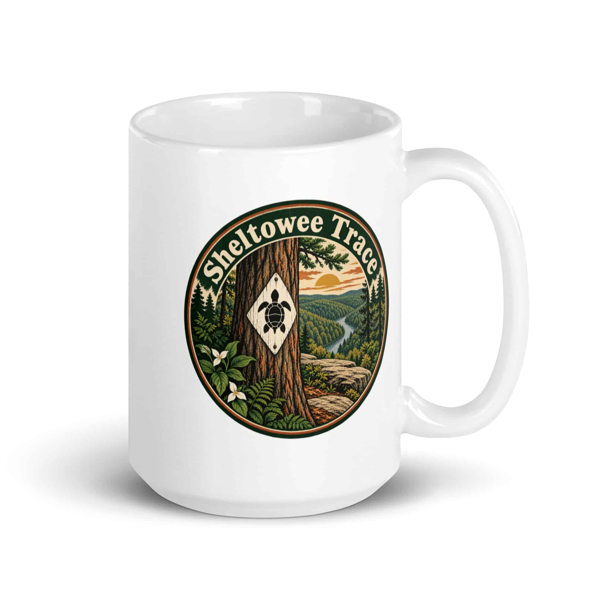 Sheltowee Trace White Ceramic Coffee Mug: Sheltowee Trace, Vintage Round Badge