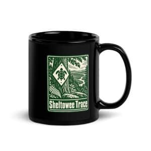 Sheltowee Trace Black Coffee Mug: Sheltowee Trace, Forest Ink Stamp - 11 oz - Handle on Right