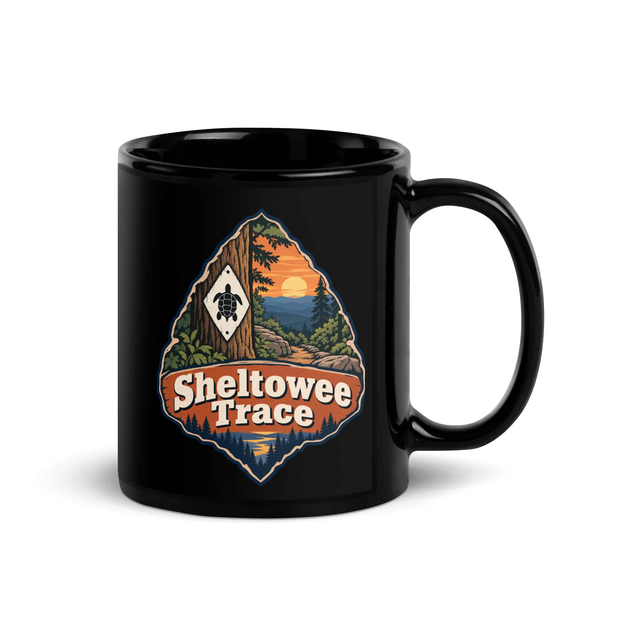 Sheltowee Trace Black Coffee Mug: Sheltowee Trace, Scenic Shield Badge