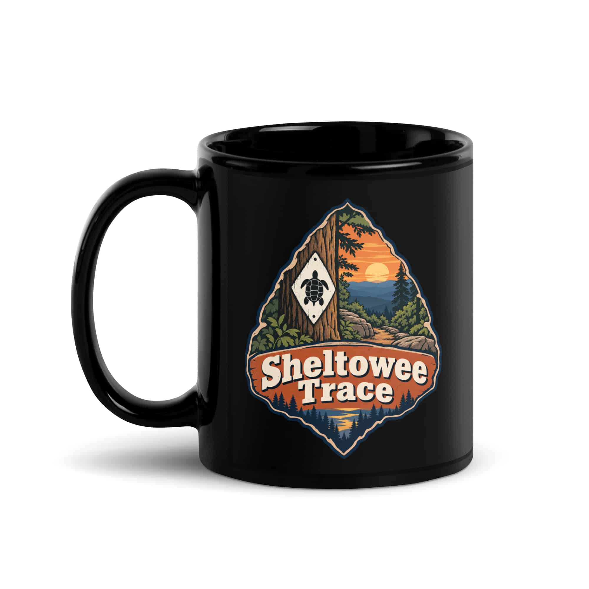 Sheltowee Trace Black Coffee Mug: Sheltowee Trace, Scenic Shield Badge