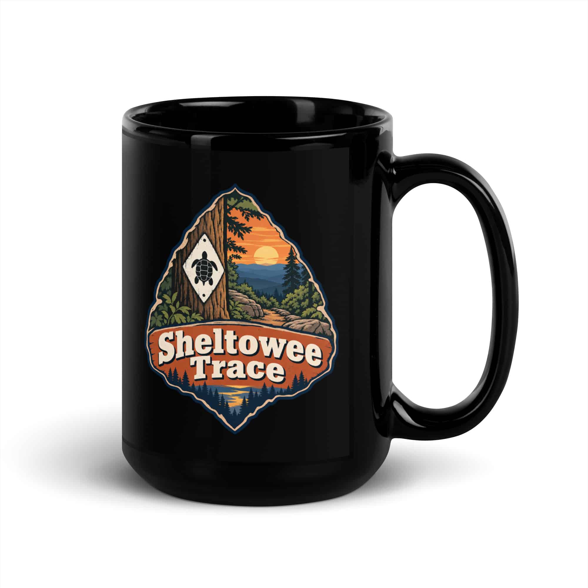 Sheltowee Trace Black Coffee Mug: Sheltowee Trace, Scenic Shield Badge