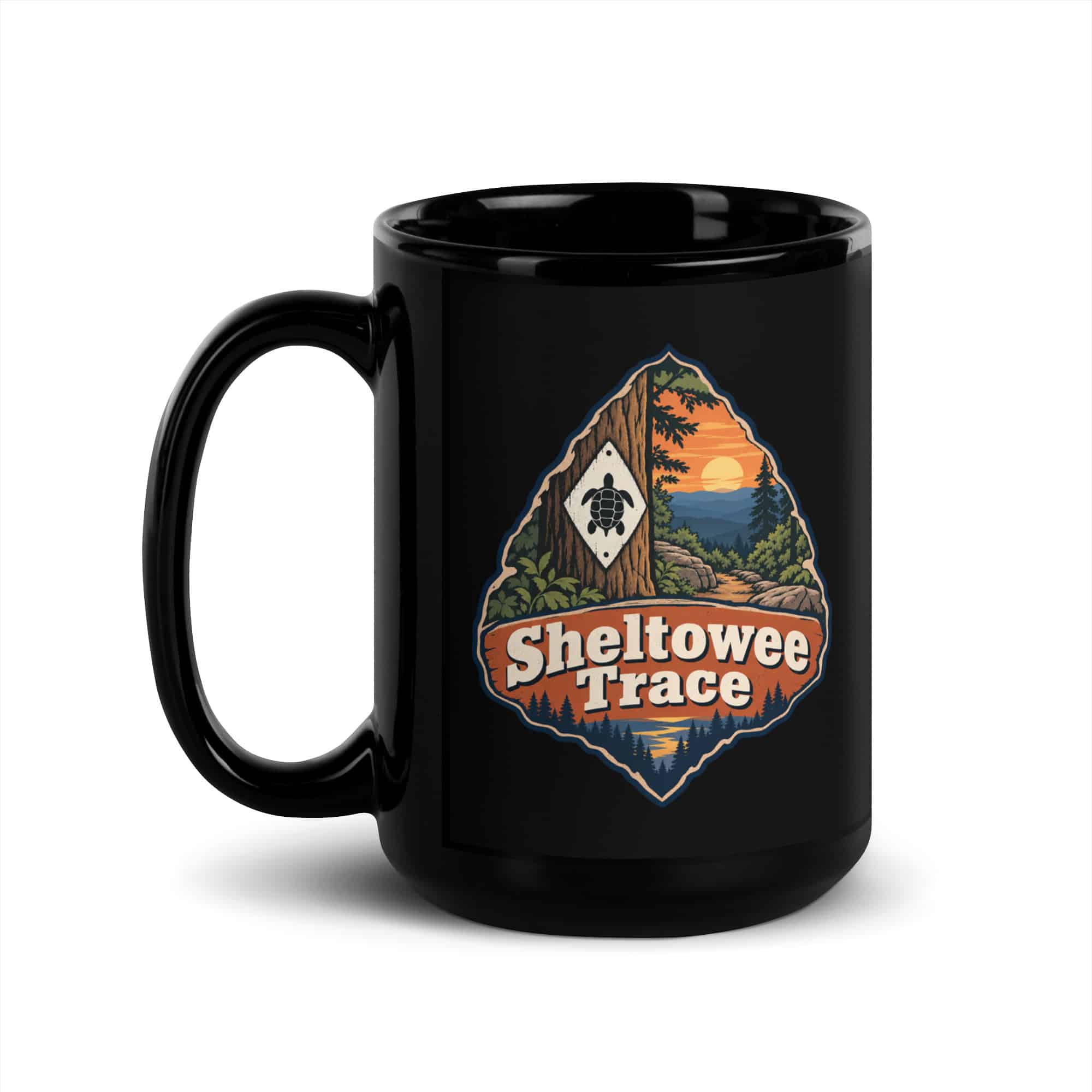 Sheltowee Trace Black Coffee Mug: Sheltowee Trace, Scenic Shield Badge