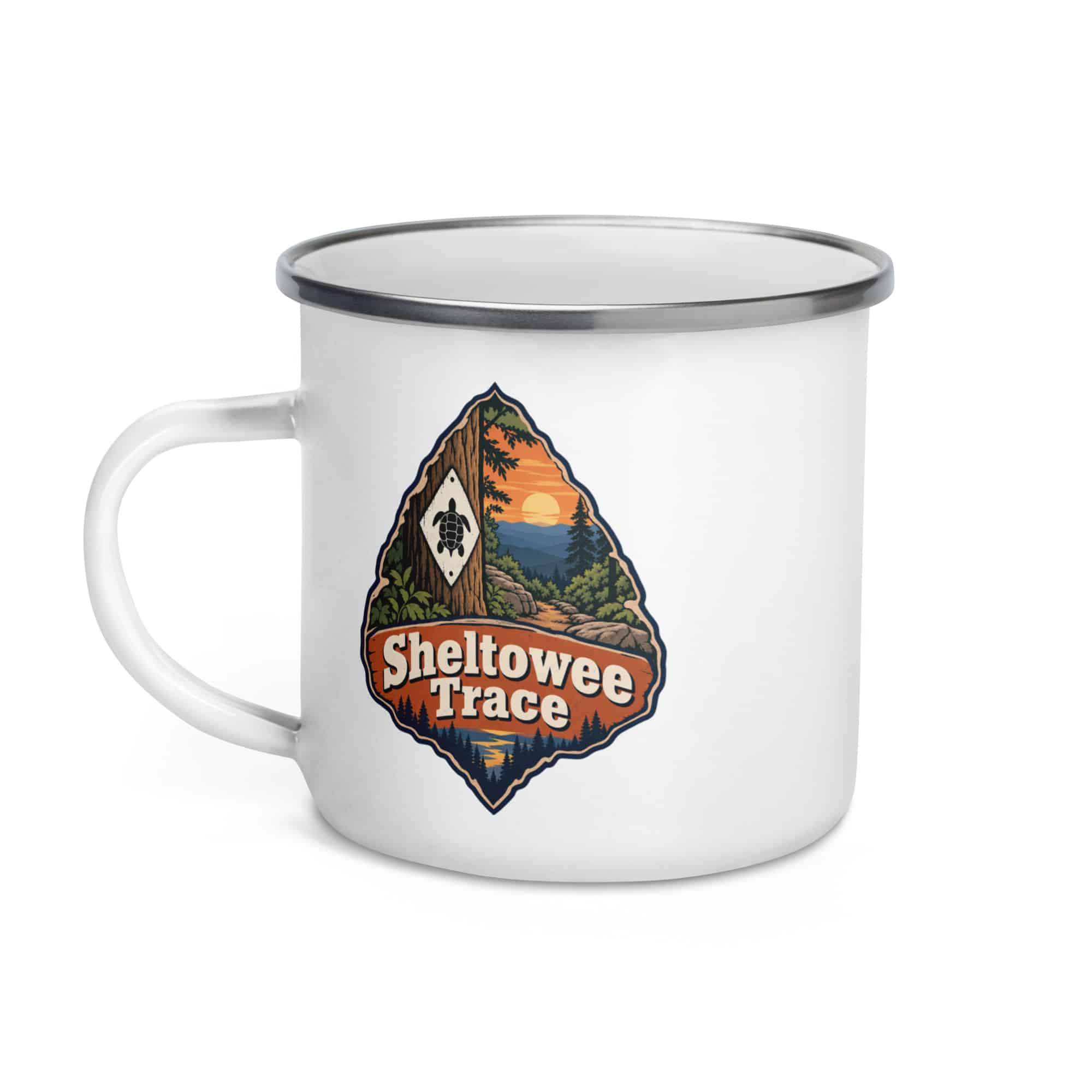 Sheltowee Trace Enamel Camp Mug: Sheltowee Trace, Scenic Shield Badge