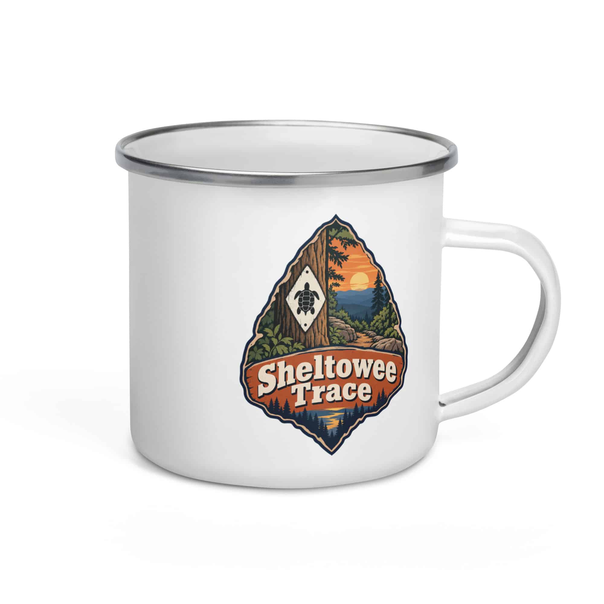 Sheltowee Trace Enamel Camp Mug: Sheltowee Trace, Scenic Shield Badge