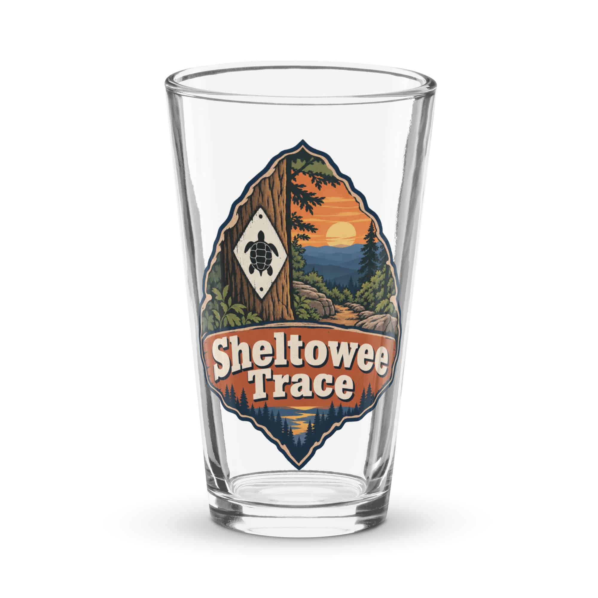 Sheltowee Trace Pint Glass: Sheltowee Trace, Scenic Shield Badge