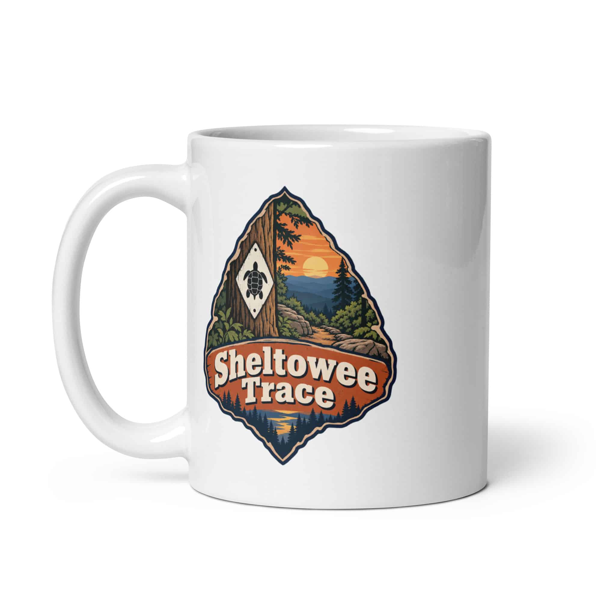 Sheltowee Trace White Ceramic Coffee Mug: Sheltowee Trace, Scenic Shield Badge
