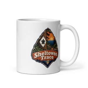Sheltowee Trace White Ceramic Coffee Mug: Sheltowee Trace, Scenic Shield Badge - 11 oz - Main