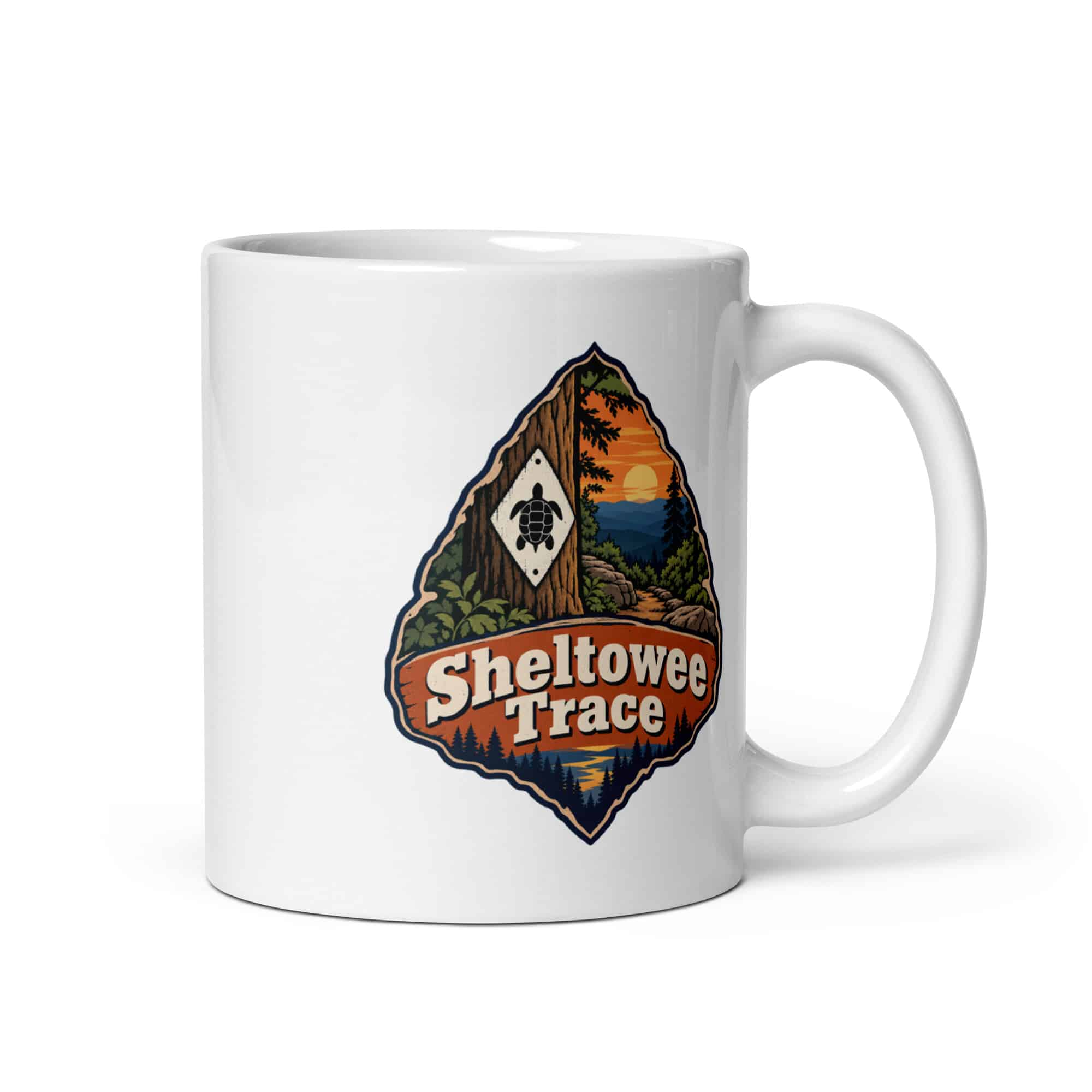 Sheltowee Trace White Ceramic Coffee Mug: Sheltowee Trace, Scenic Shield Badge