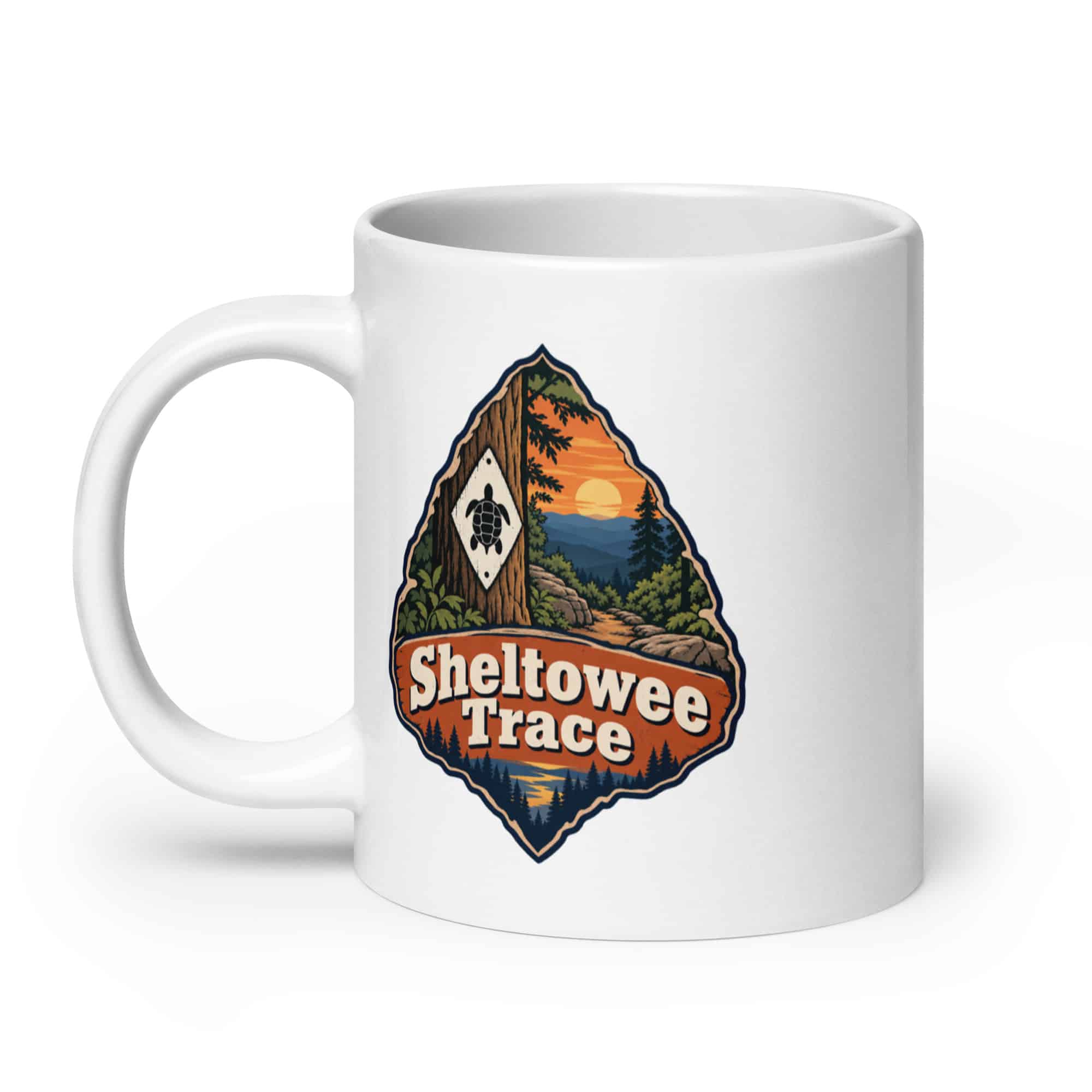 Sheltowee Trace White Ceramic Coffee Mug: Sheltowee Trace, Scenic Shield Badge