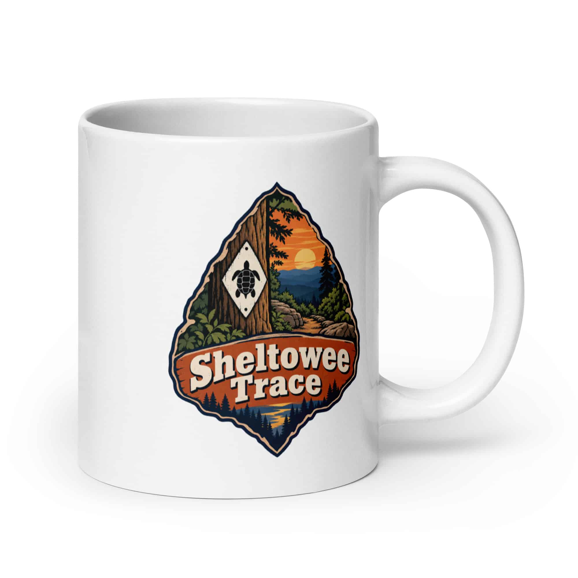 Sheltowee Trace White Ceramic Coffee Mug: Sheltowee Trace, Scenic Shield Badge