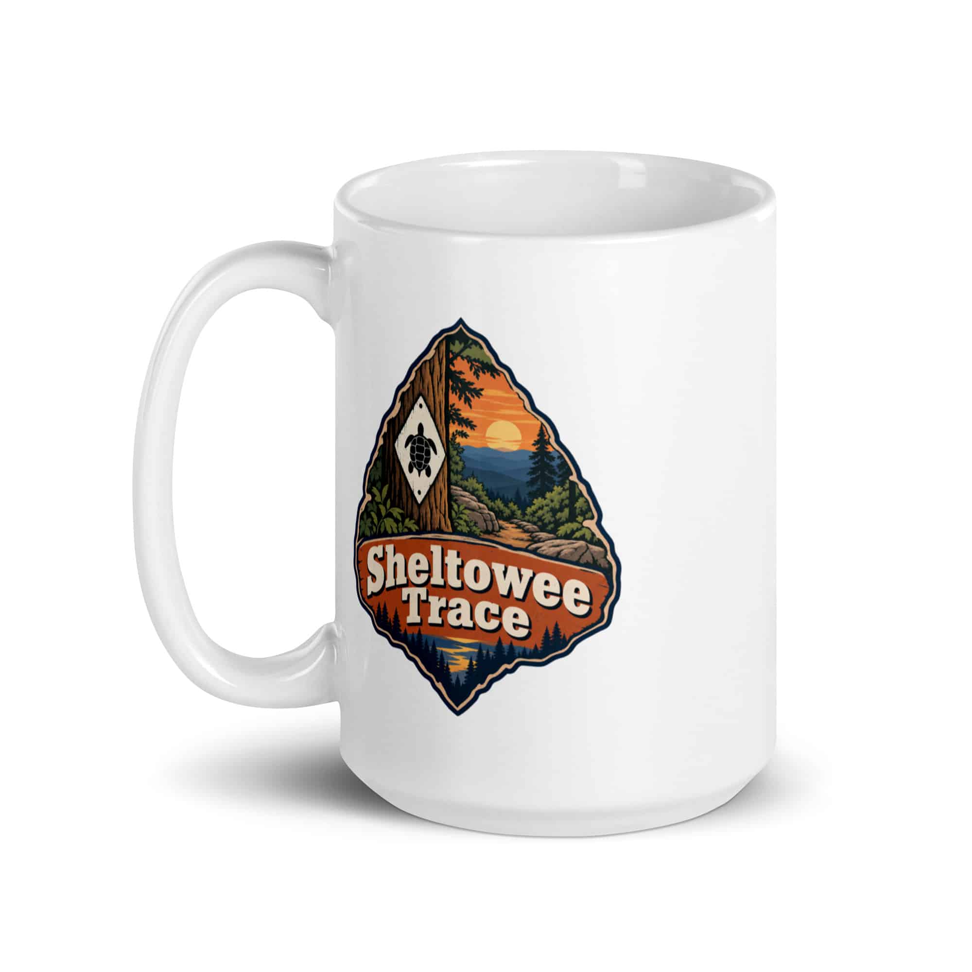 Sheltowee Trace White Ceramic Coffee Mug: Sheltowee Trace, Scenic Shield Badge