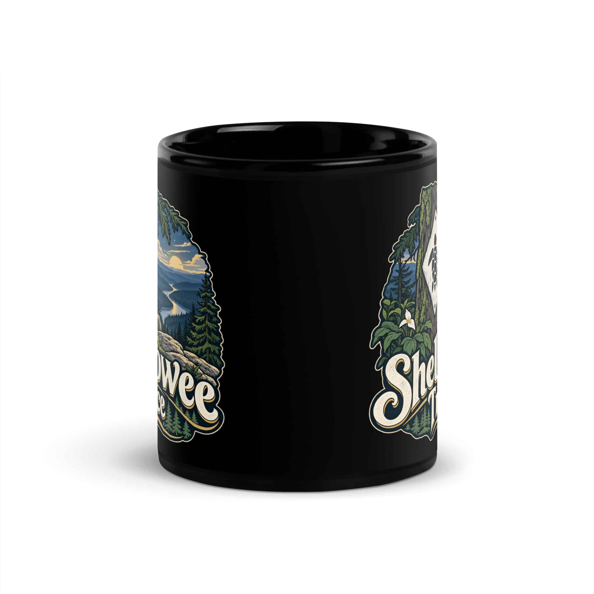 Sheltowee Trace Black Coffee Mug: Sheltowee Trace, Woodland Scenic Lettering
