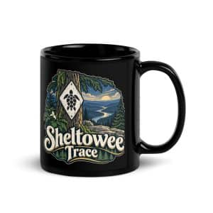 Sheltowee Trace Black Coffee Mug: Sheltowee Trace, Woodland Scenic Lettering - 11 oz - Handle on Right