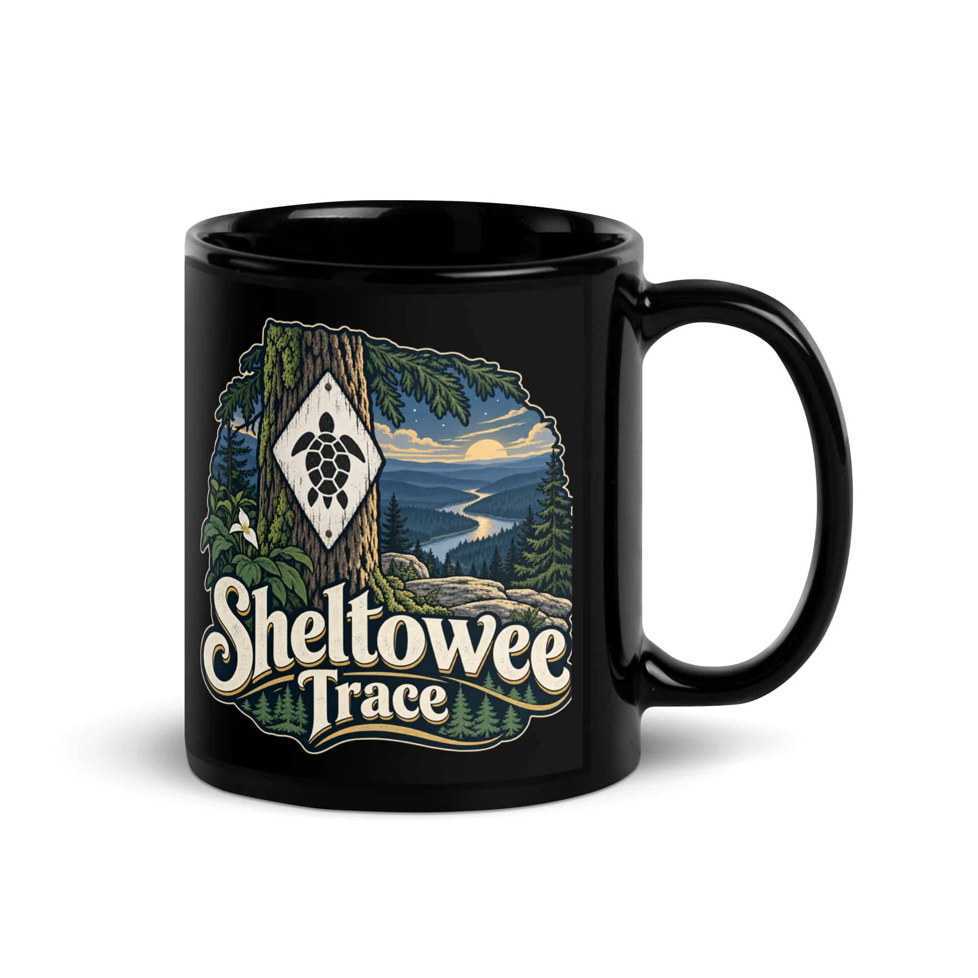 Sheltowee Trace Black Coffee Mug: Sheltowee Trace, Woodland Scenic Lettering