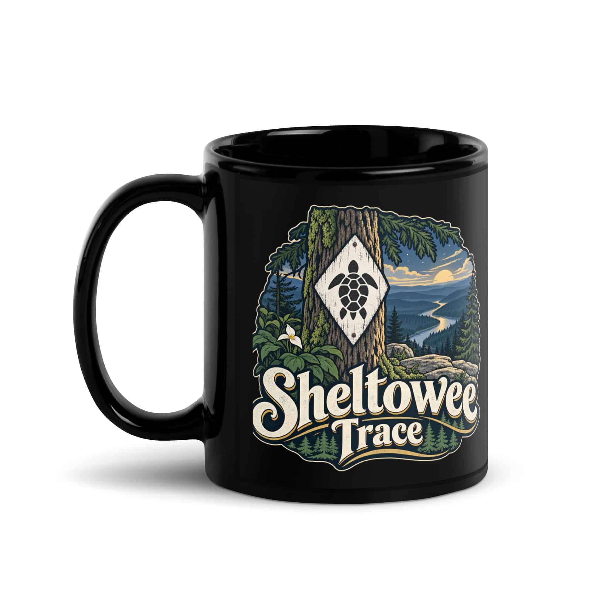 Sheltowee Trace Black Coffee Mug: Sheltowee Trace, Woodland Scenic Lettering