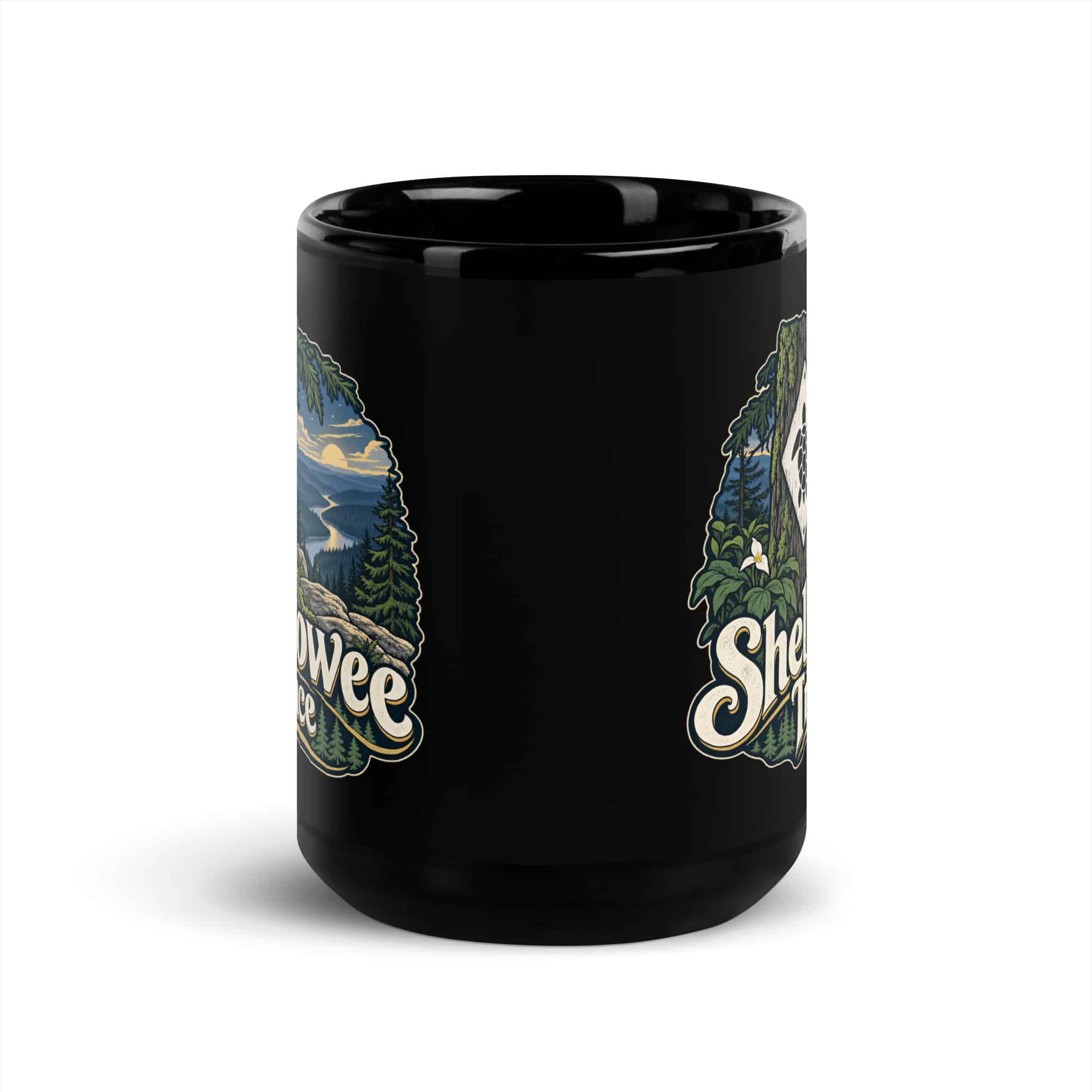 Sheltowee Trace Black Coffee Mug: Sheltowee Trace, Woodland Scenic Lettering