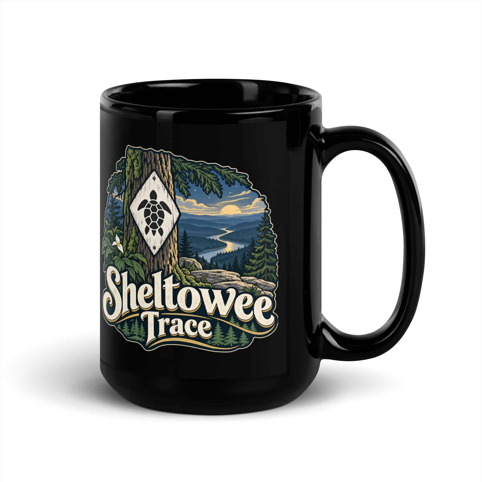 Sheltowee Trace Black Coffee Mug: Sheltowee Trace, Woodland Scenic Lettering