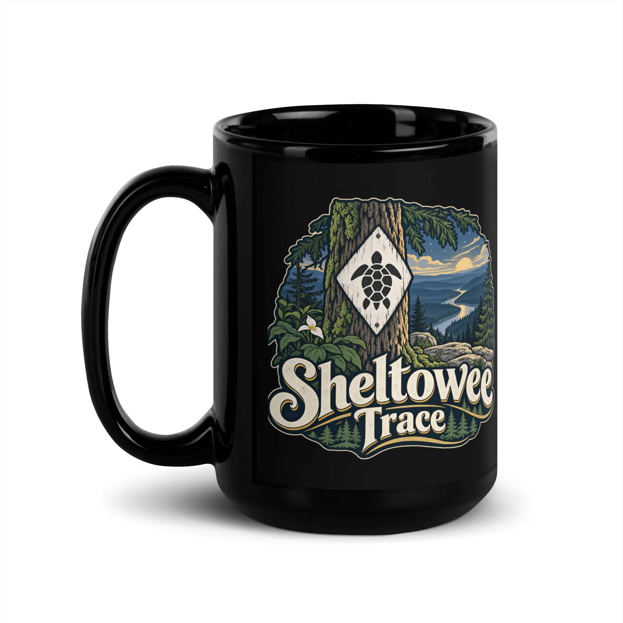 Sheltowee Trace Black Coffee Mug: Sheltowee Trace, Woodland Scenic Lettering