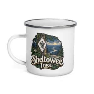 Sheltowee Trace Enamel Camp Mug: Sheltowee Trace, Woodland Scenic Lettering - 12 oz - Left