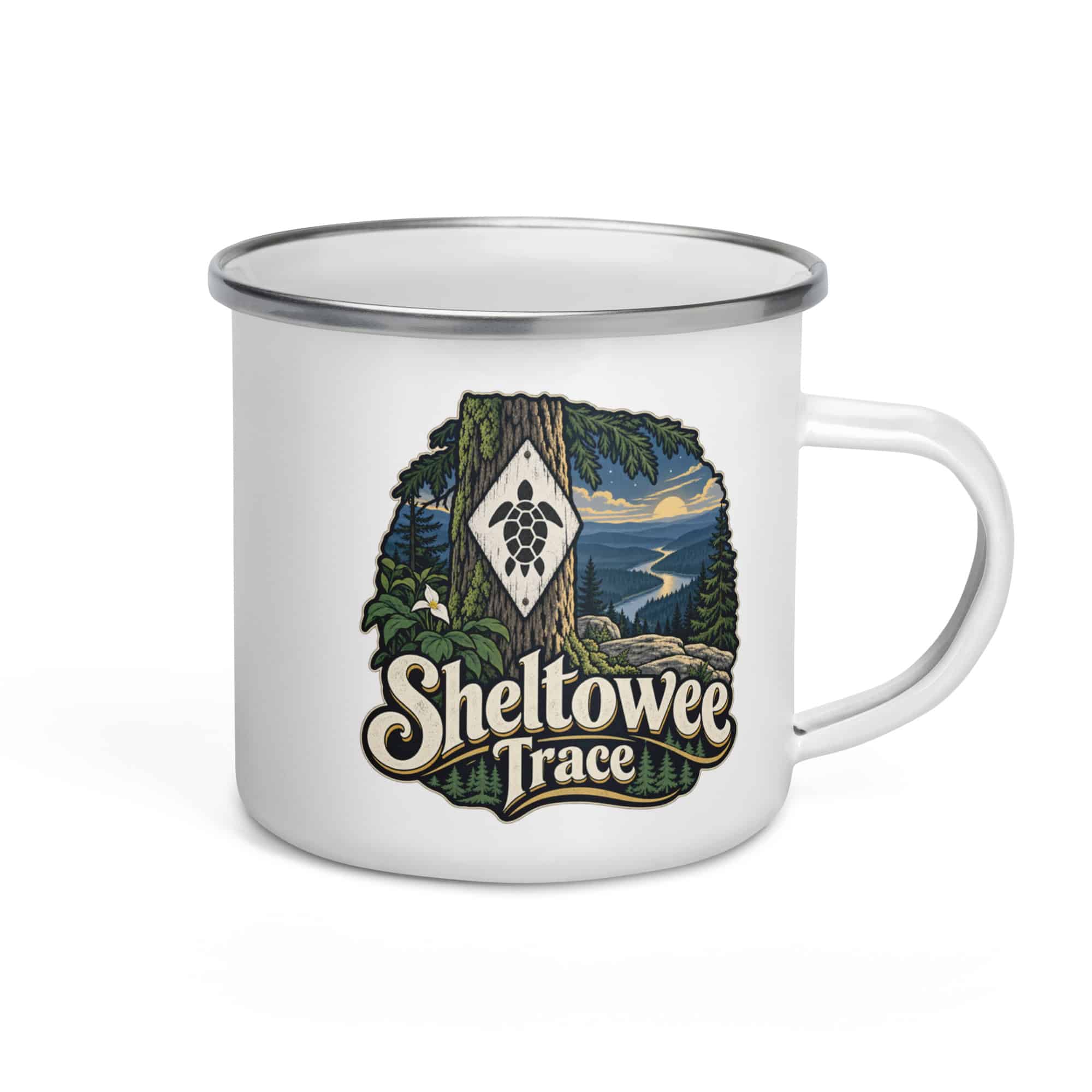 Sheltowee Trace Enamel Camp Mug: Sheltowee Trace, Woodland Scenic Lettering