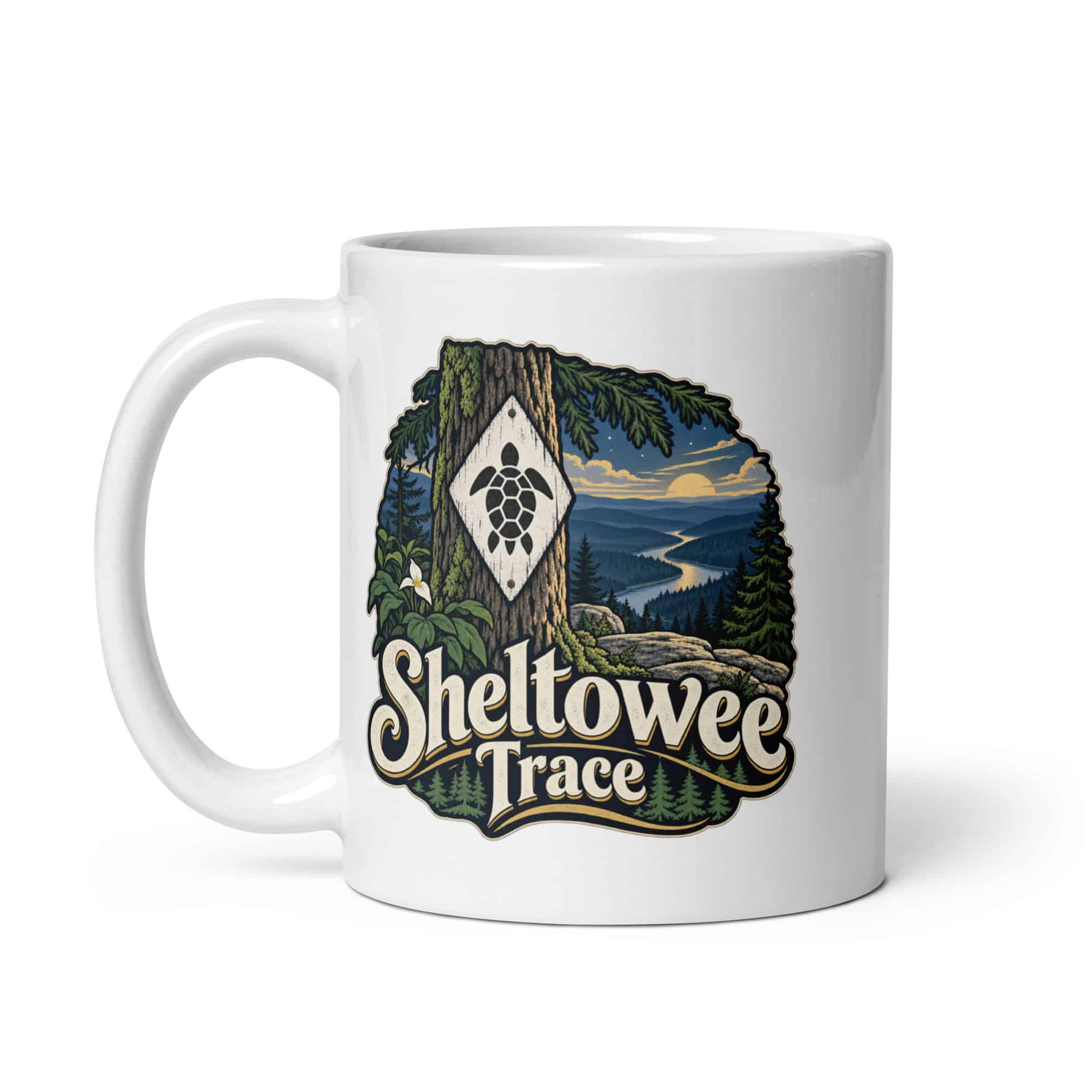 Sheltowee Trace White Ceramic Coffee Mug: Sheltowee Trace, Woodland Scenic Lettering