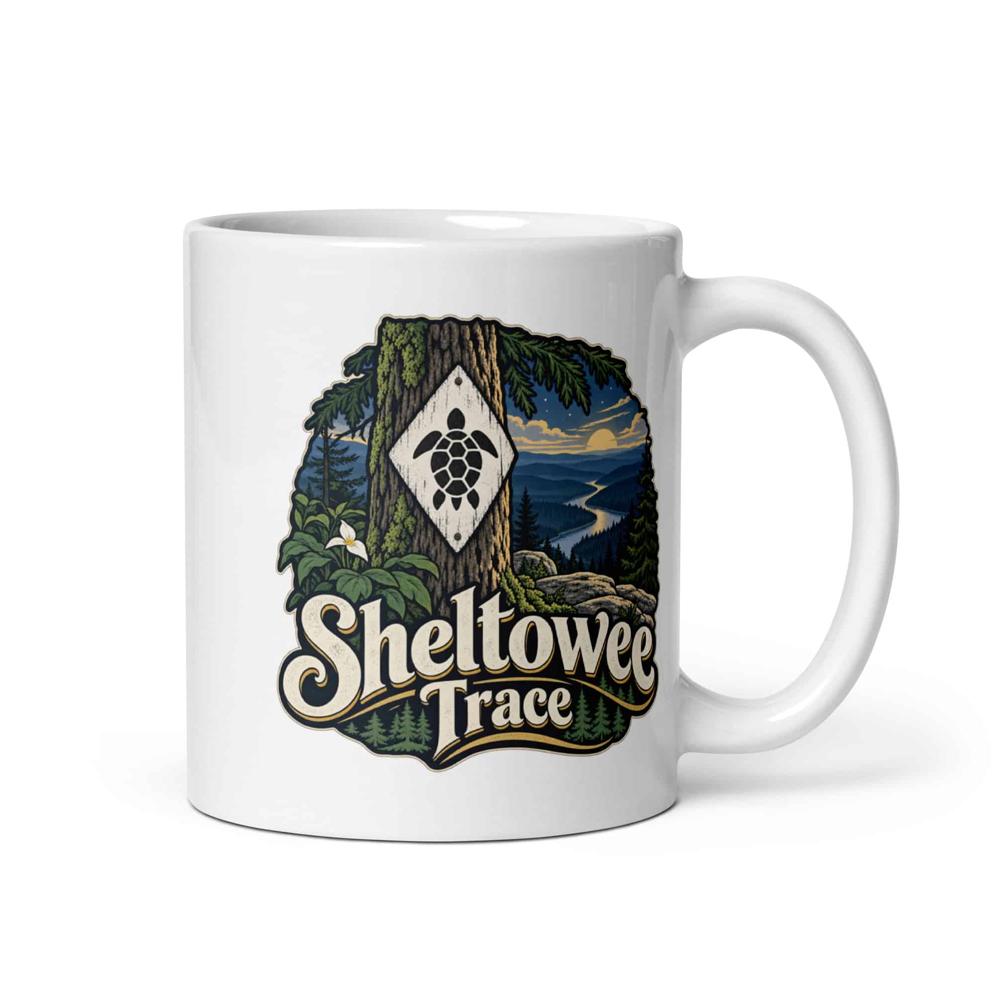 Sheltowee Trace White Ceramic Coffee Mug: Sheltowee Trace, Woodland Scenic Lettering
