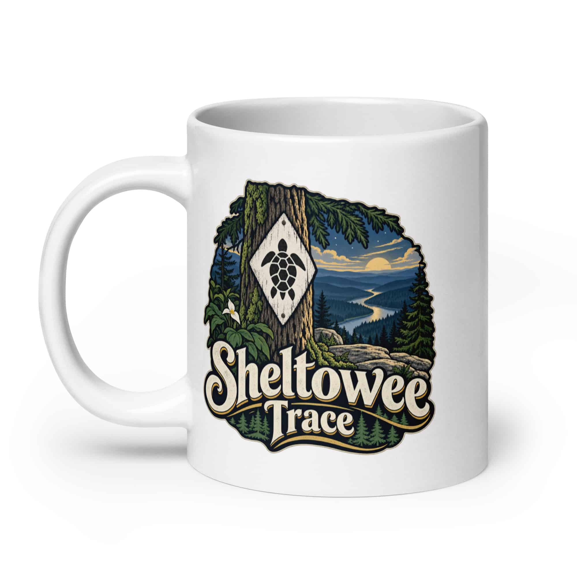 Sheltowee Trace White Ceramic Coffee Mug: Sheltowee Trace, Woodland Scenic Lettering