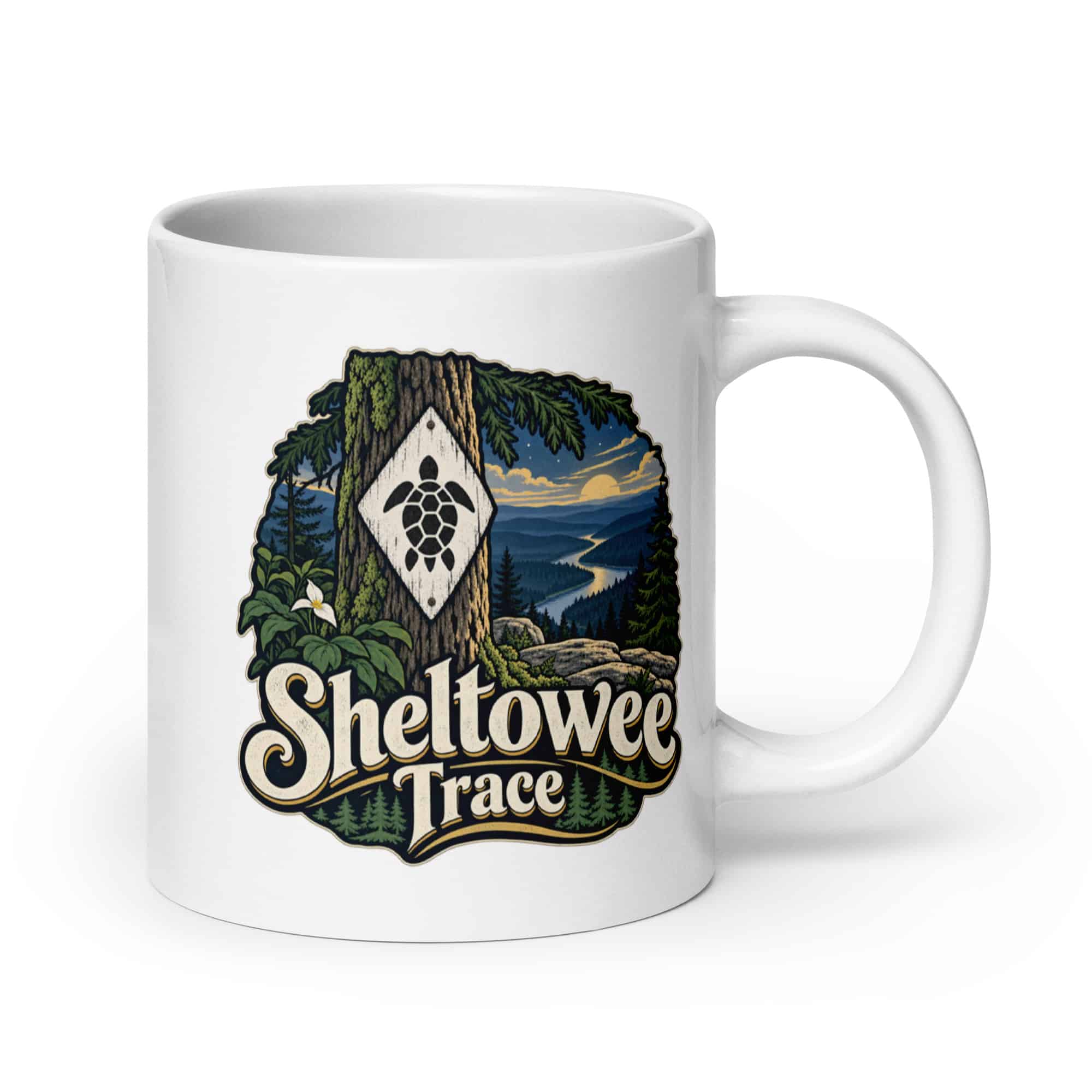 Sheltowee Trace White Ceramic Coffee Mug: Sheltowee Trace, Woodland Scenic Lettering