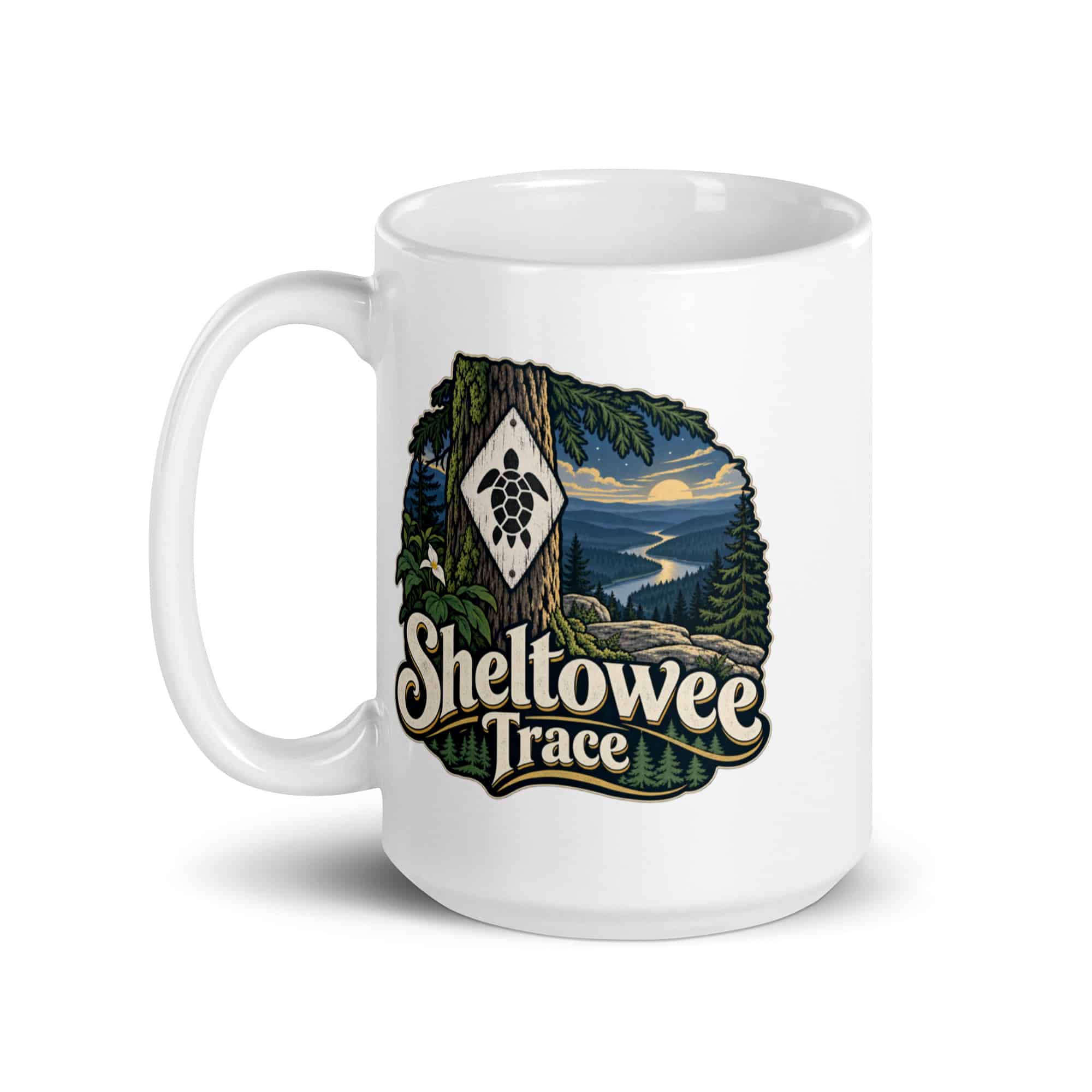 Sheltowee Trace White Ceramic Coffee Mug: Sheltowee Trace, Woodland Scenic Lettering