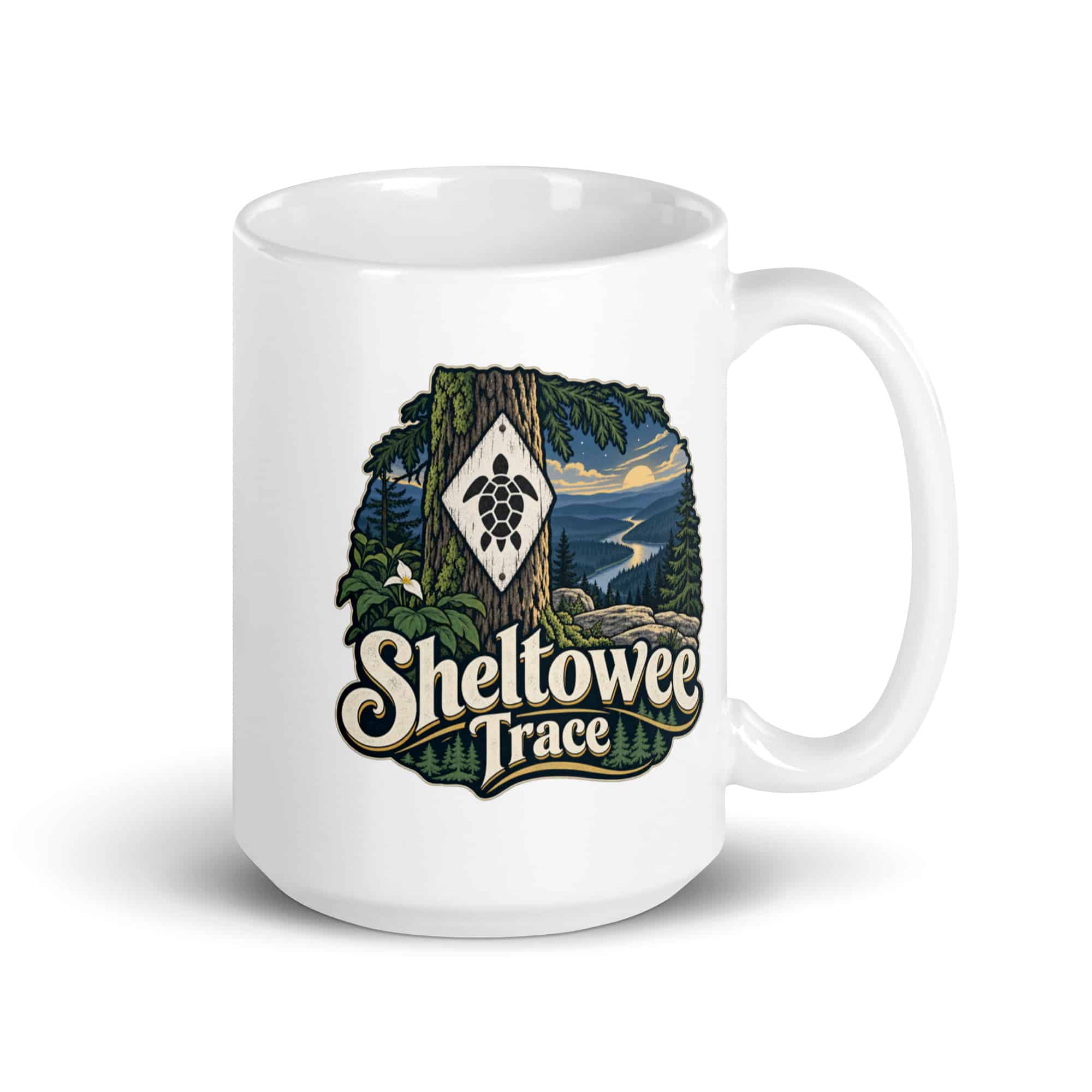 Sheltowee Trace White Ceramic Coffee Mug: Sheltowee Trace, Woodland Scenic Lettering