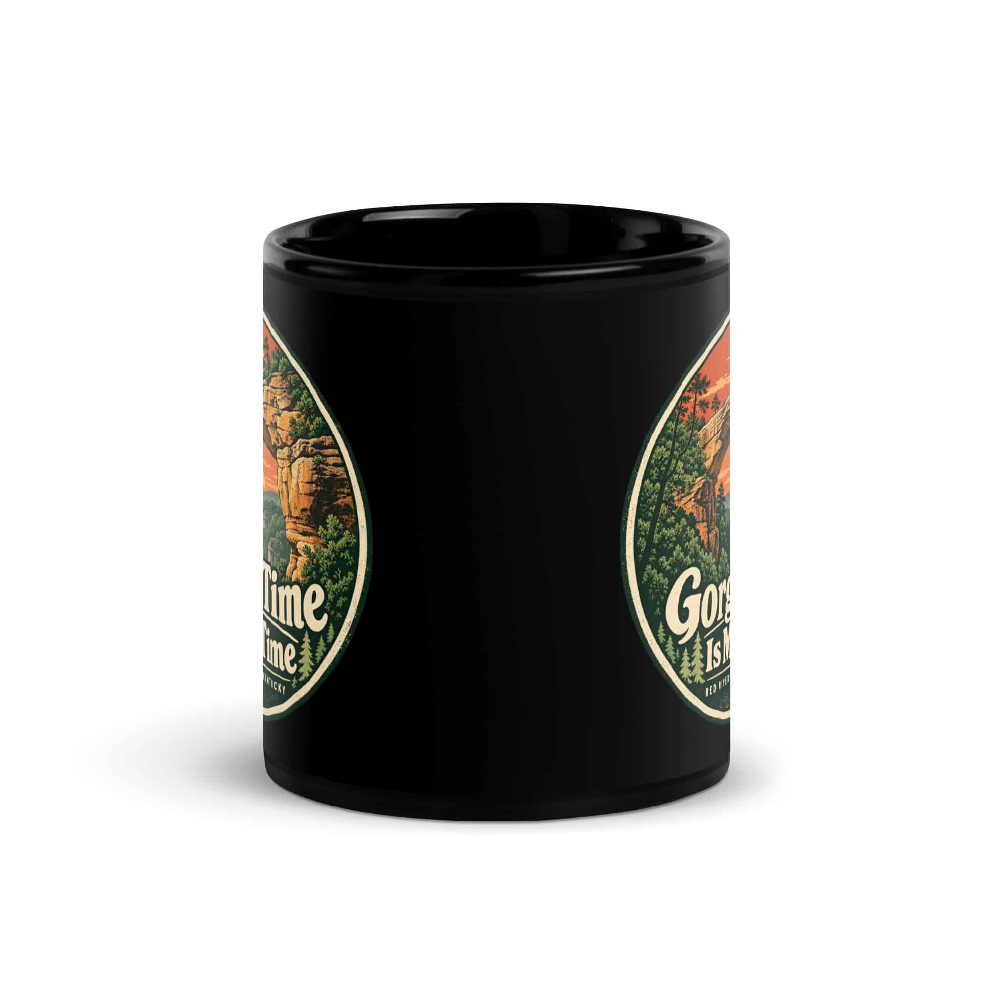 Red River Gorge Black Coffee Mug: Gorge Time Is My Time, Vintage Round Badge