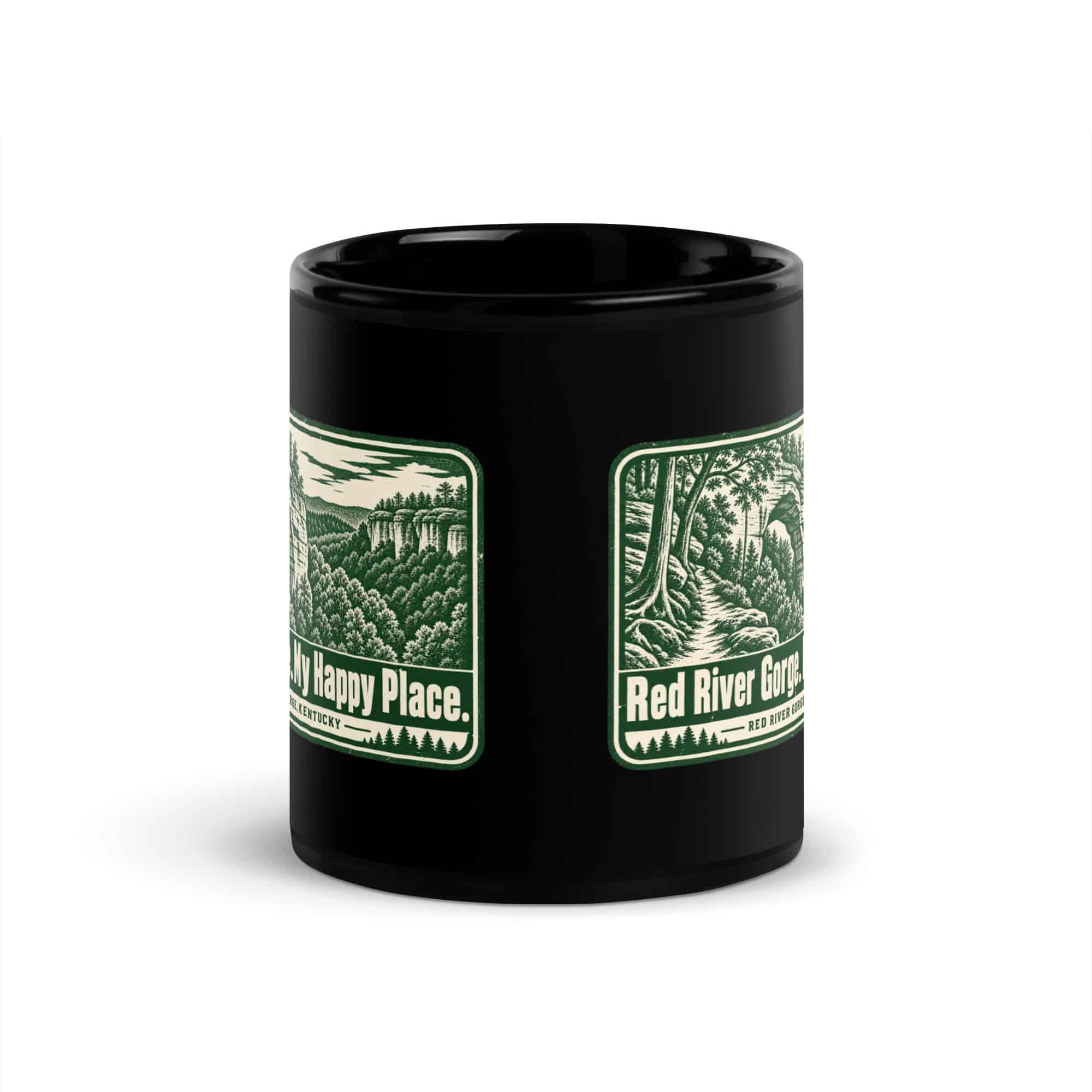 Red River Gorge Black Coffee Mug: Red River Gorge. My Happy Place, Forest Stamp