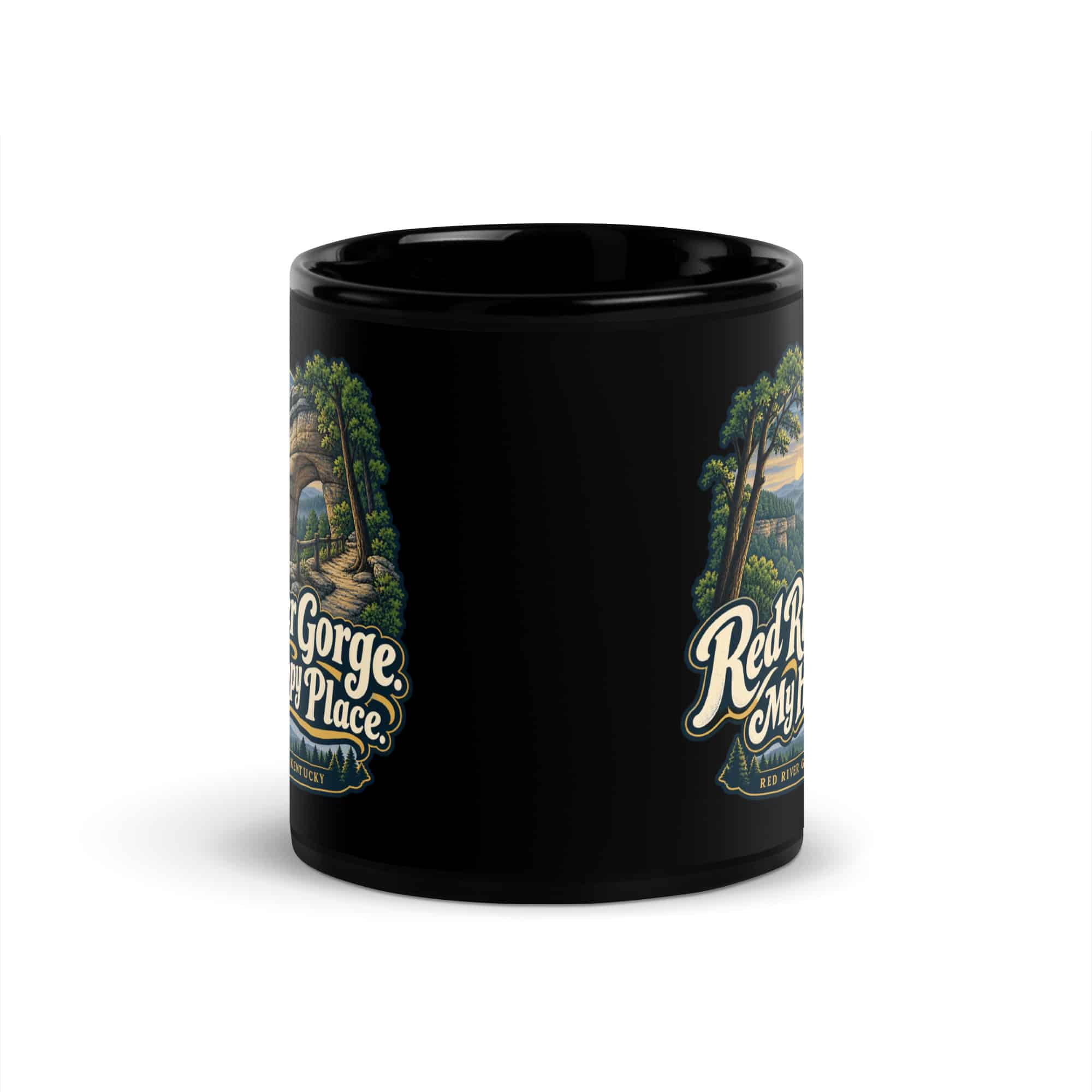 Red River Gorge Black Coffee Mug: Red River Gorge. My Happy Place, Woodland Arch Typography