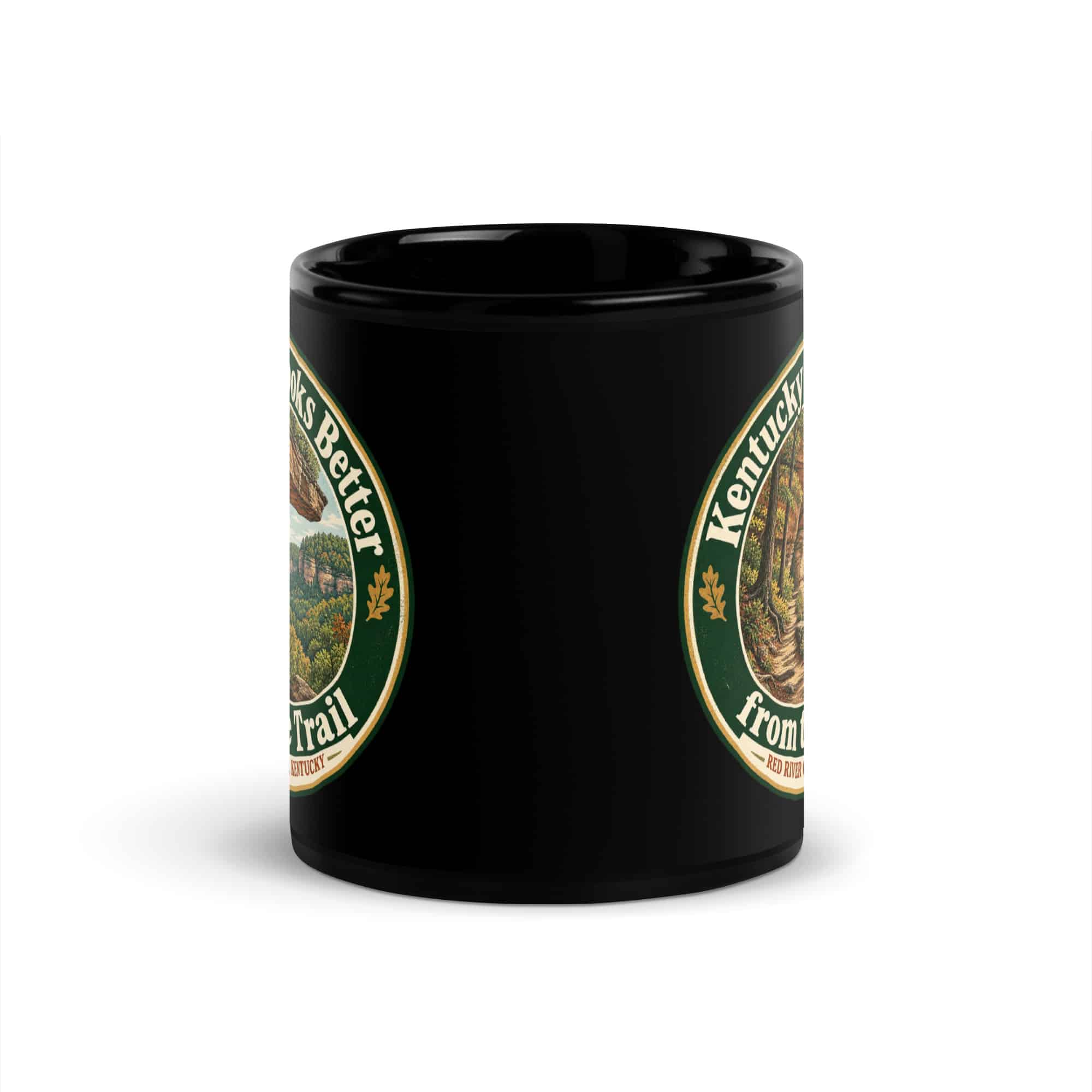 Red River Gorge Black Coffee Mug: Kentucky Looks Better from the Trail, Vintage Round Badge