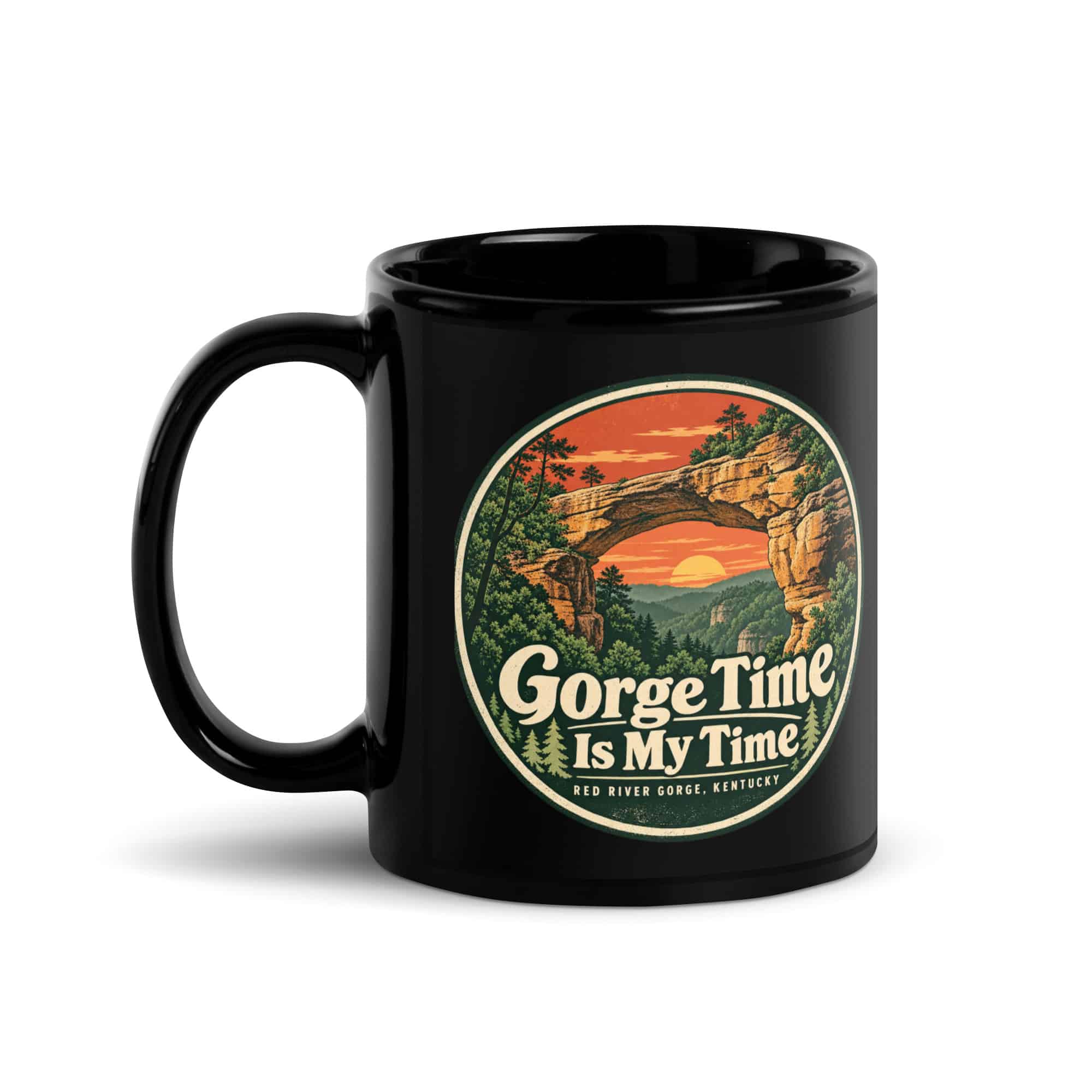 Red River Gorge Black Coffee Mug: Gorge Time Is My Time, Vintage Round Badge
