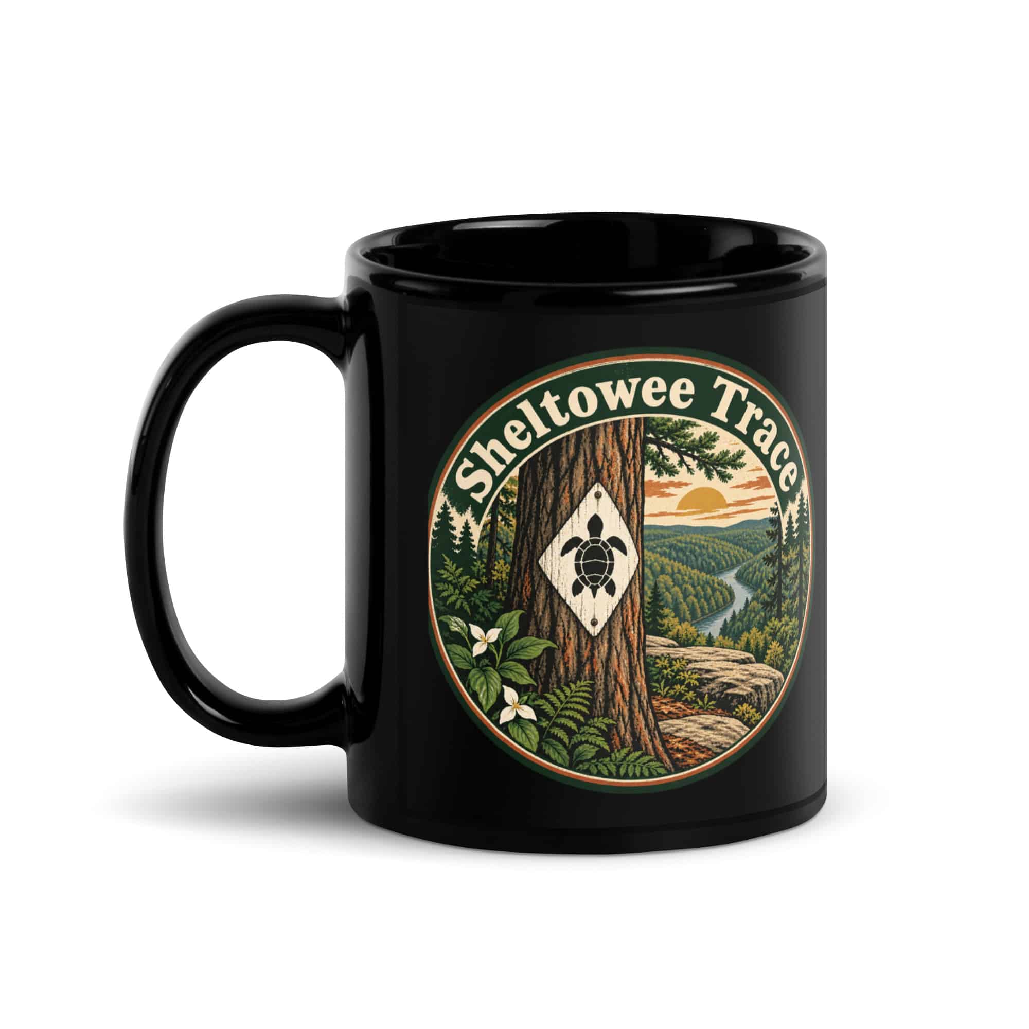 Sheltowee Trace Black Coffee Mug: Turtle Trail Badge