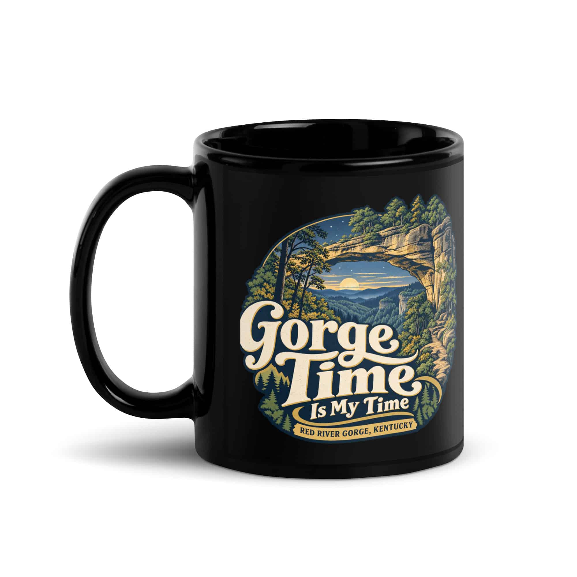 Red River Gorge Black Coffee Mug: Gorge Time Is My Time, Woodland Arch Typography