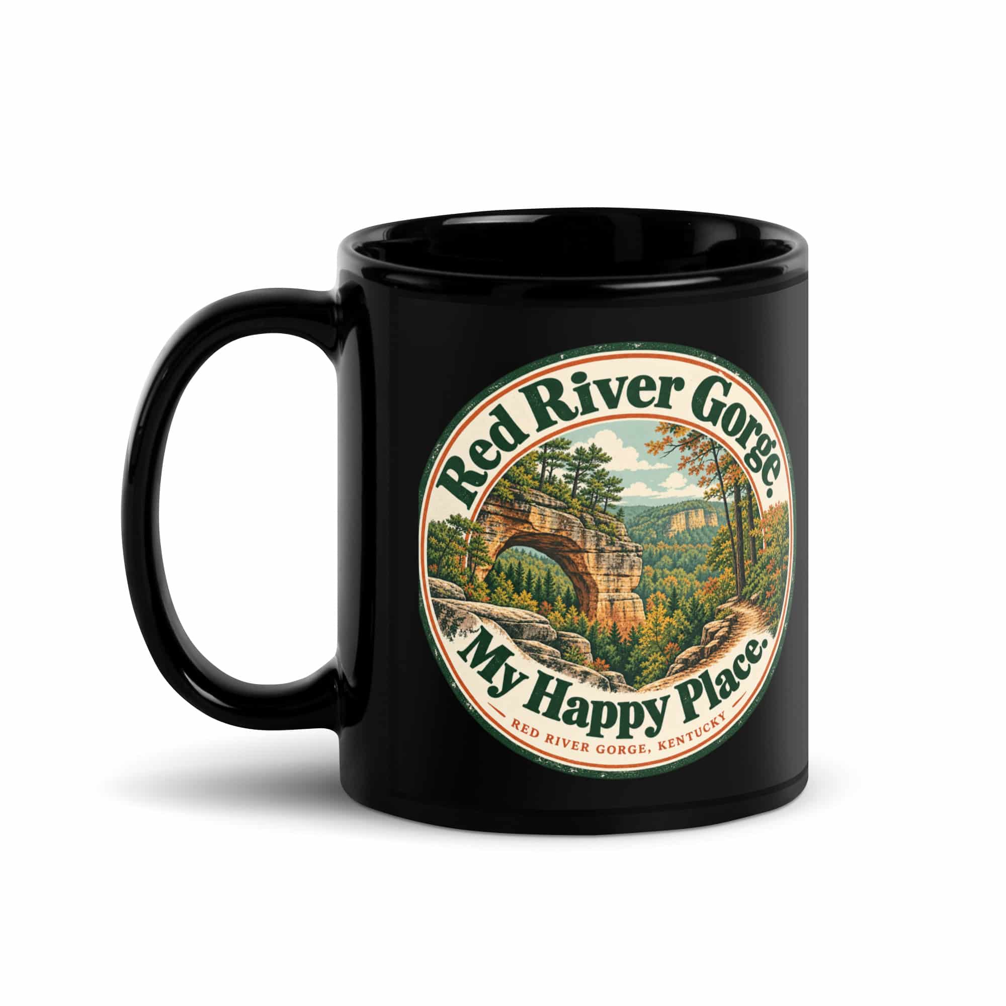 Red River Gorge Black Coffee Mug: Red River Gorge. My Happy Place., Vintage Round Badge