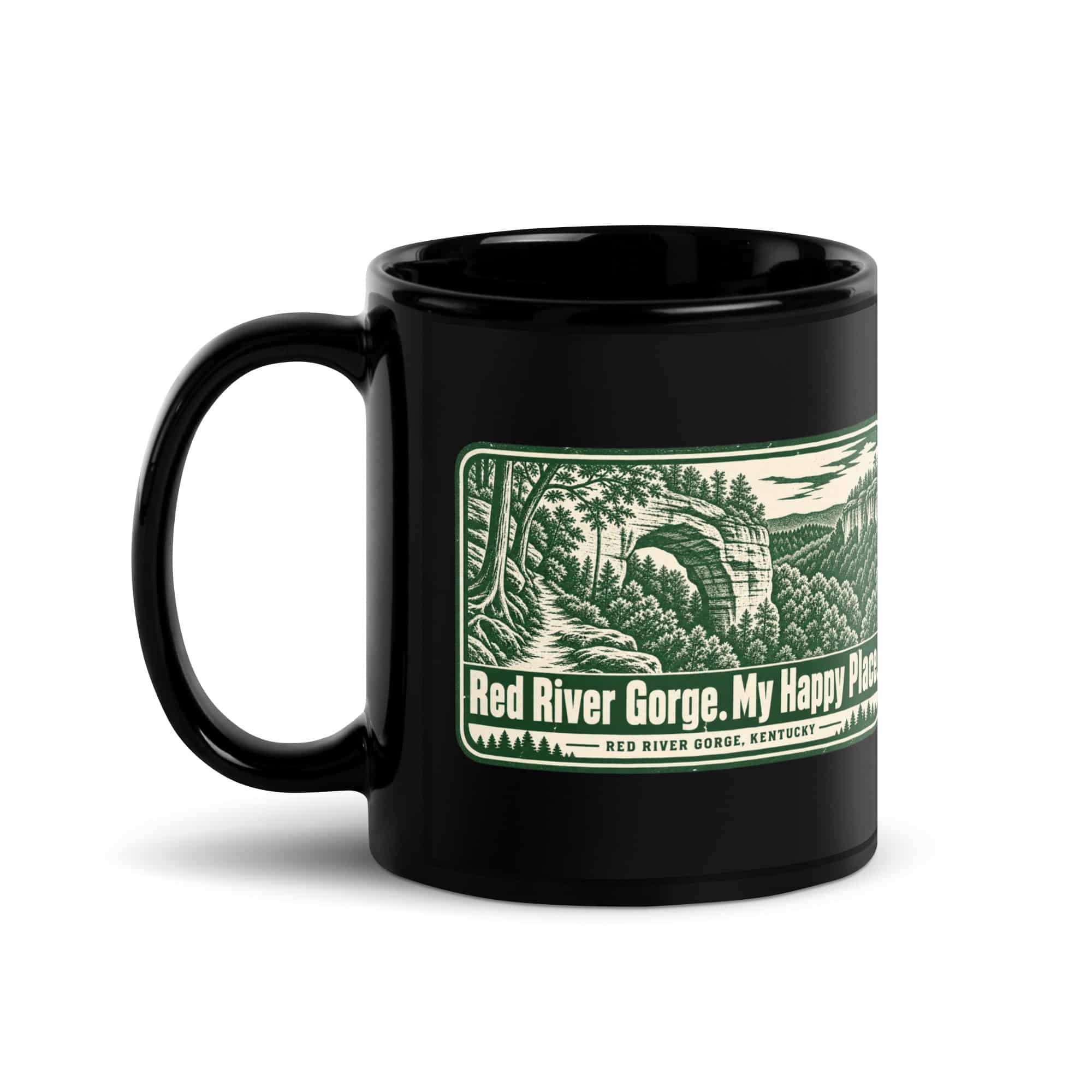 Red River Gorge Black Coffee Mug: Red River Gorge. My Happy Place, Forest Stamp