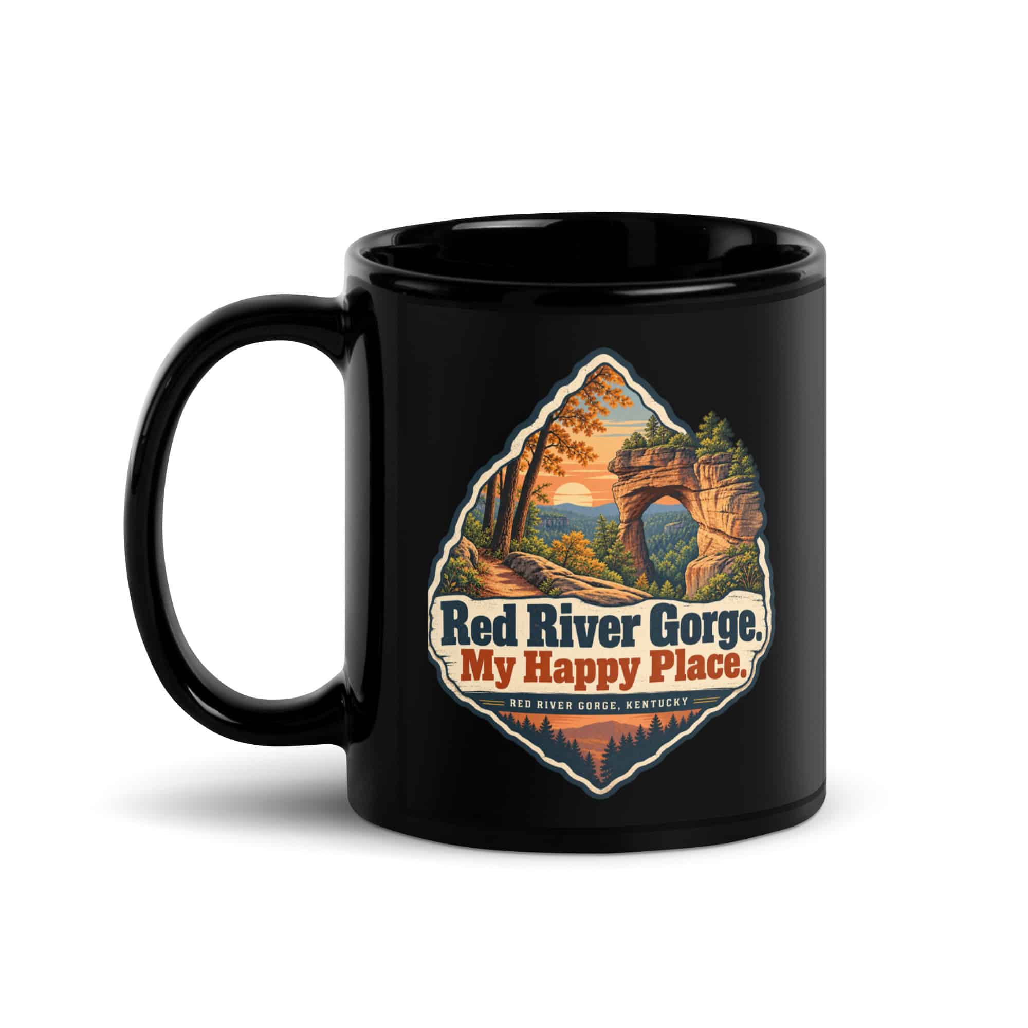 Red River Gorge Black Coffee Mug: Red River Gorge. My Happy Place, Sunset Arch Badge