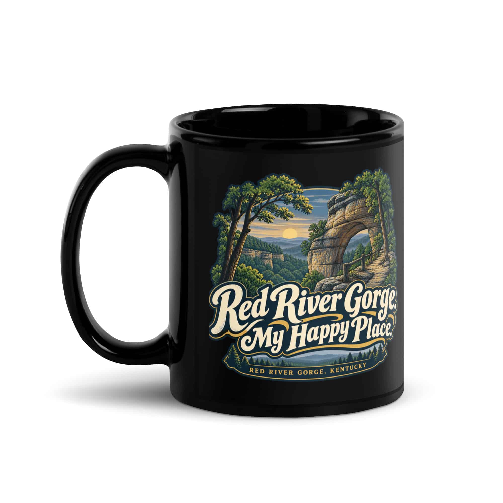 Red River Gorge Black Coffee Mug: Red River Gorge. My Happy Place, Woodland Arch Typography