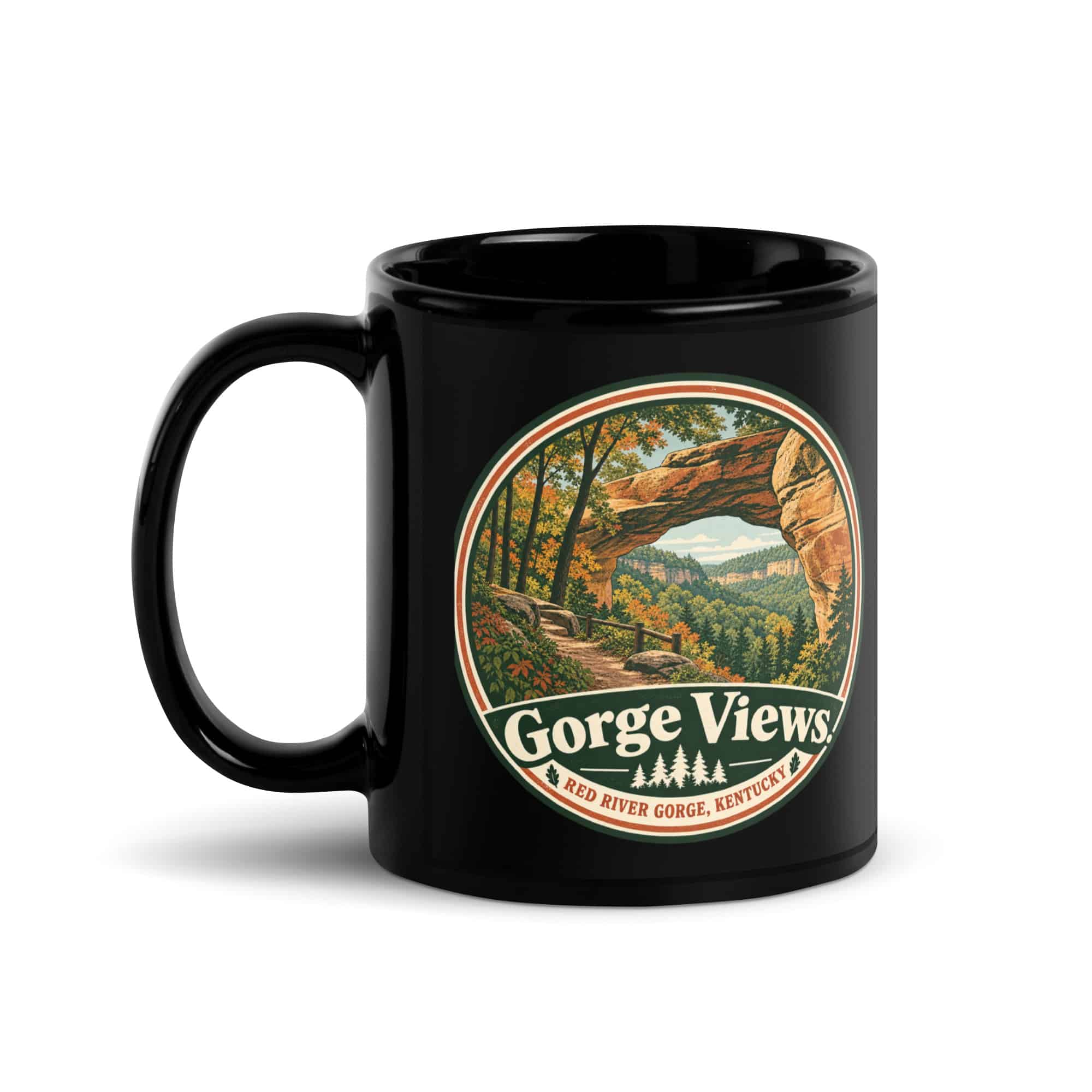Red River Gorge Black Coffee Mug: Gorge Views, Vintage Round Badge