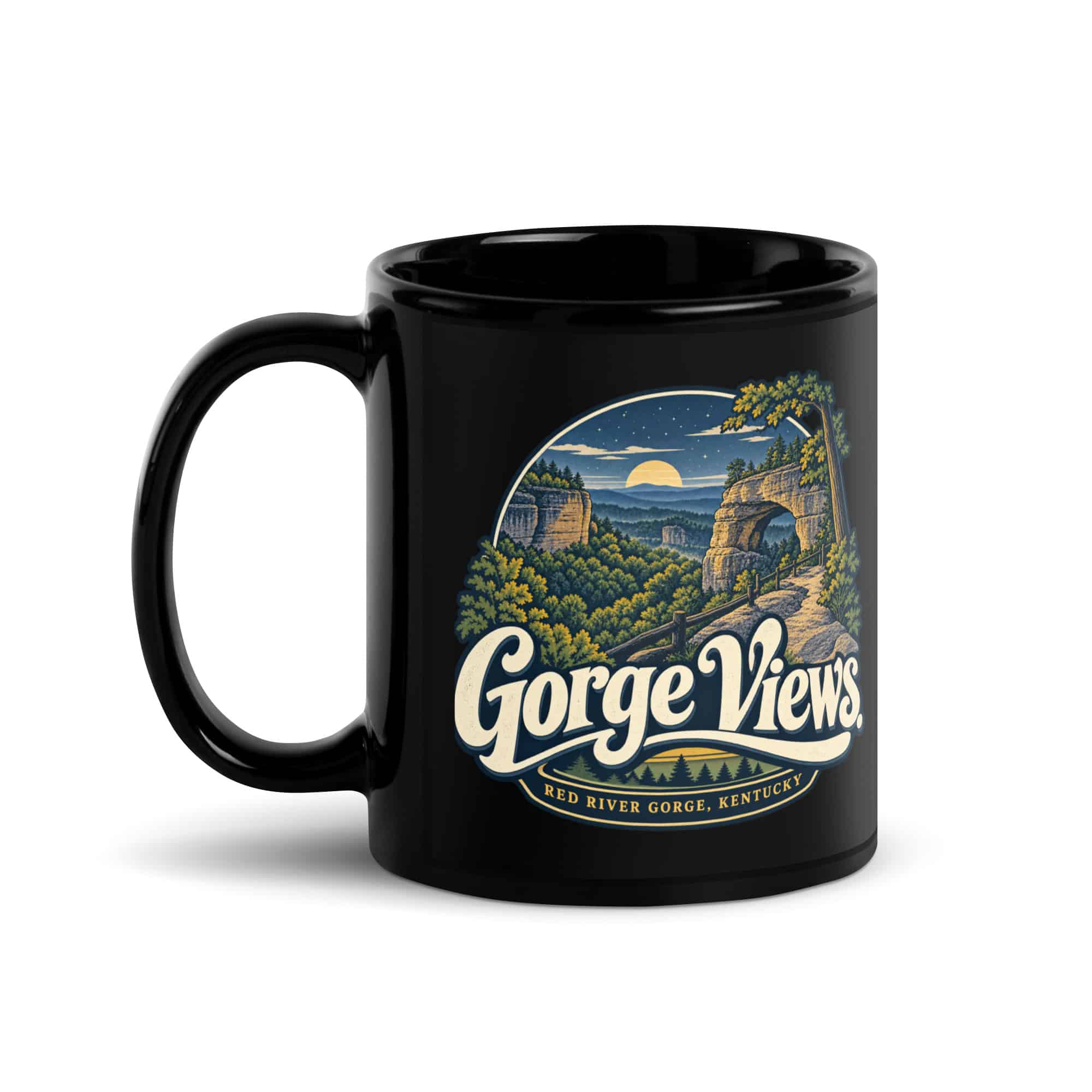 Red River Gorge Black Coffee Mug: Gorge Views, Woodland Arch Typography